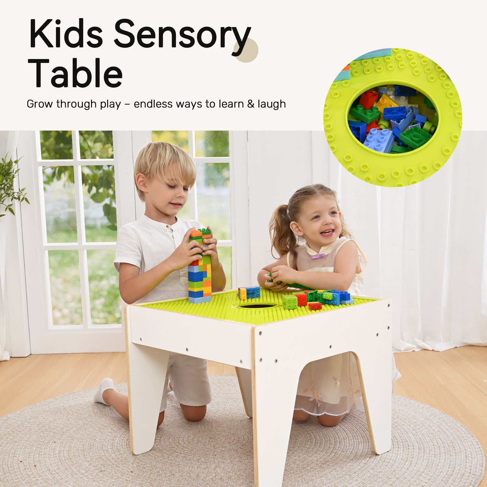 Sweet Time Kids Activity Table with Bricks Plate Wooden Storage Sensory Tables Art Desk for Toddlers