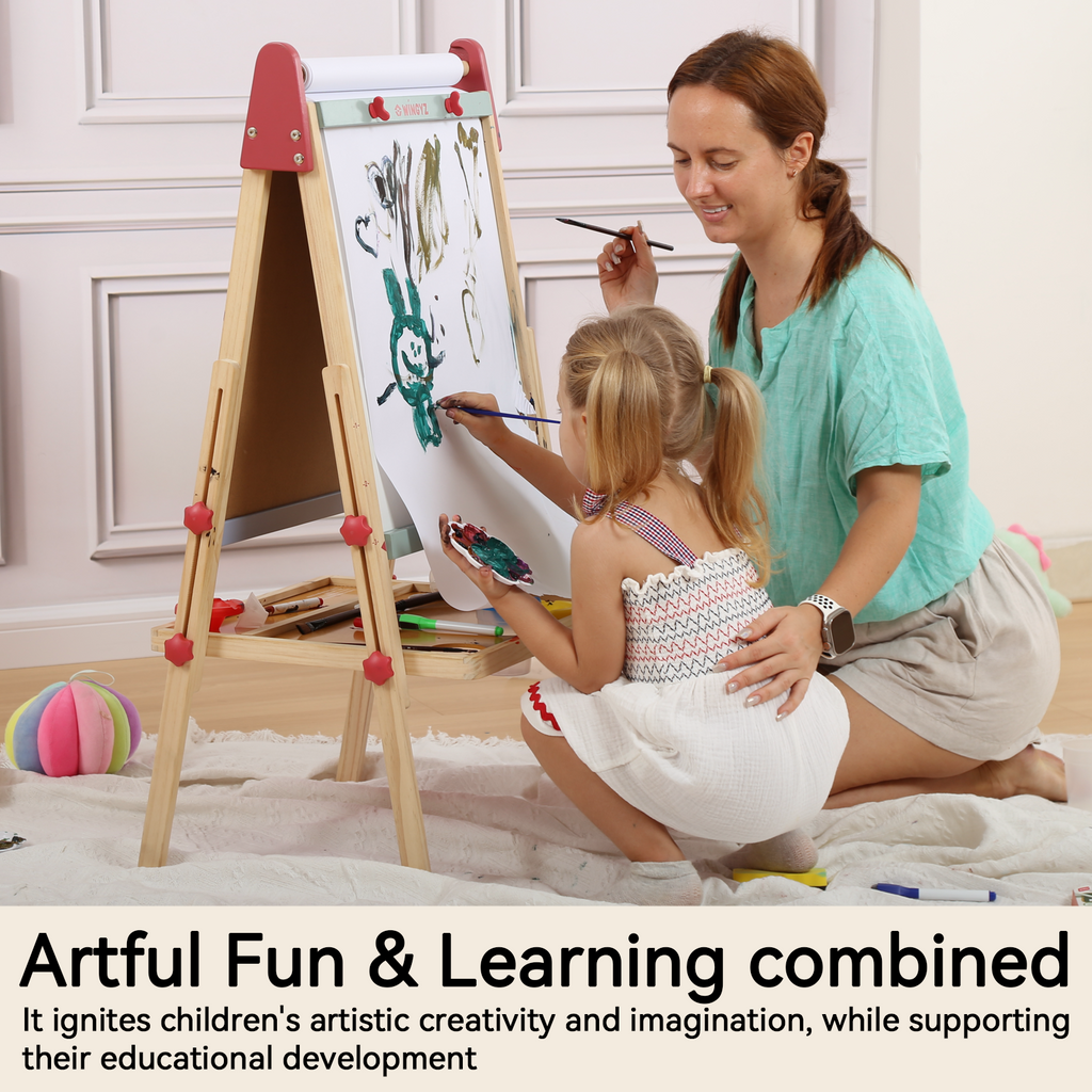 Sweet Time Kids Easel with Paper Roll, Adjustable Magnetic Whiteboard & Chalkboard Drawing Board, Wooden Children Art Stand for 3~12 Years