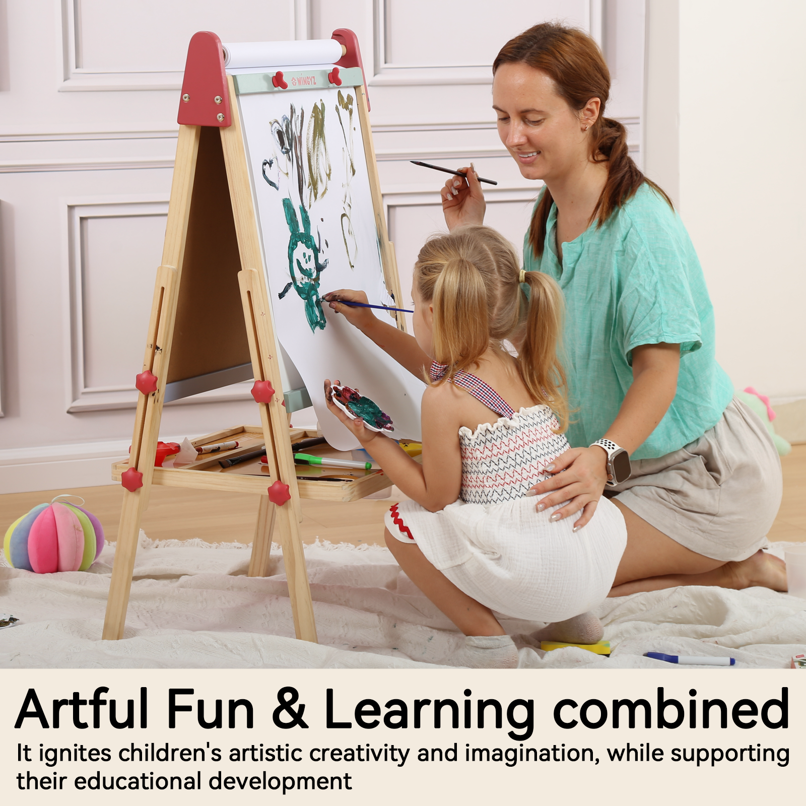 Sweet Time Kids Easel with Paper Roll, Adjustable Magnetic Whiteboard & Chalkboard Drawing Board, Wooden Children Art Stand for 3~12 Years