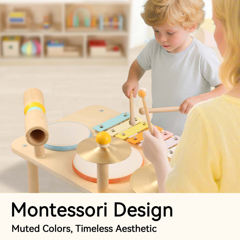 OATHX Kids Drum Set, Montessori Musical Instruments for Toddlers 1-3, Wooden Musical Toys for Baby, Preschool Educational Xylophone Drum Kit