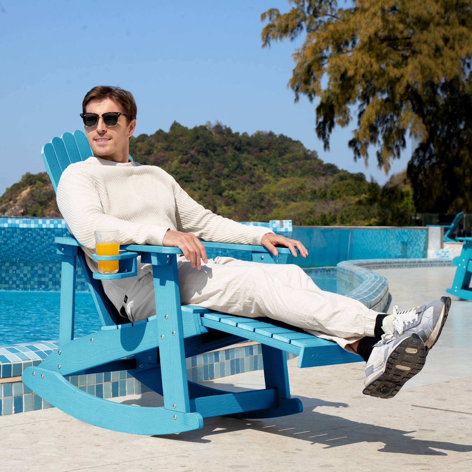 Wingyz Outdoor Rocking Chair with Ottoman and Cup Holders Patio Adirondack Chairs for Porch Garden