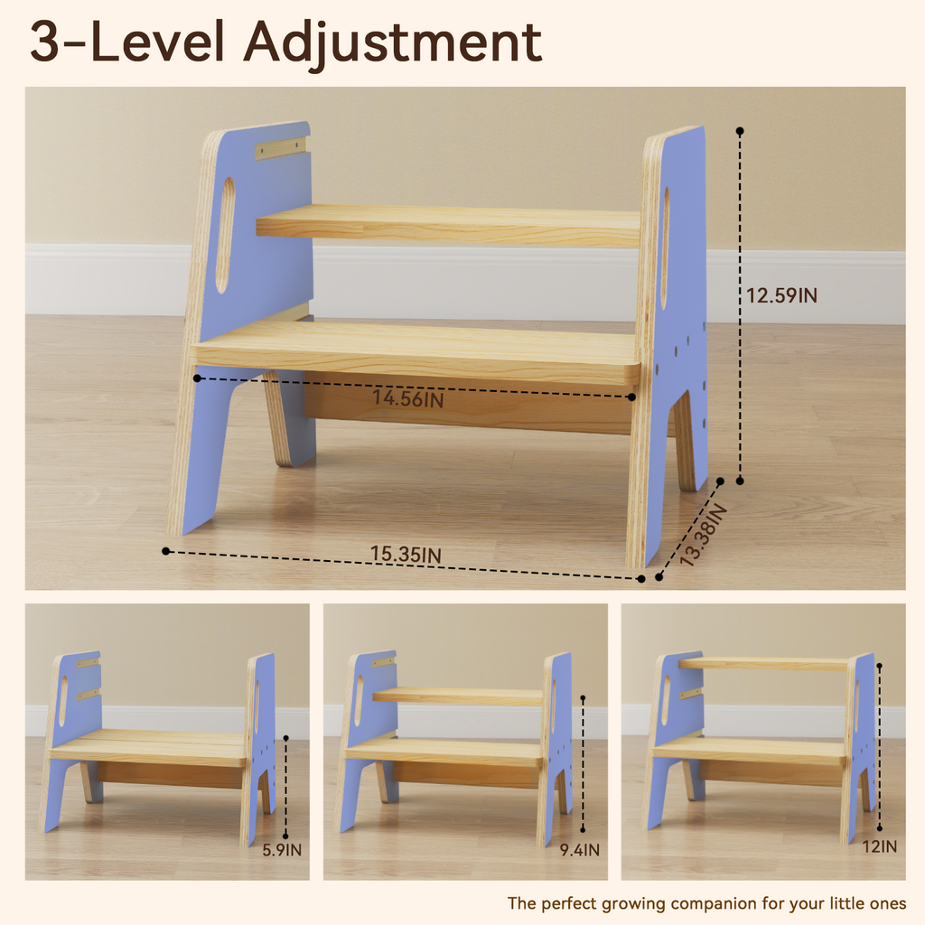 Sweet Time 2-Step Wooden Step Stool, Toddler Step Stools Kitchen Bathroom Portable Pine Wood Anti-slip Foot Stool Adults Kids