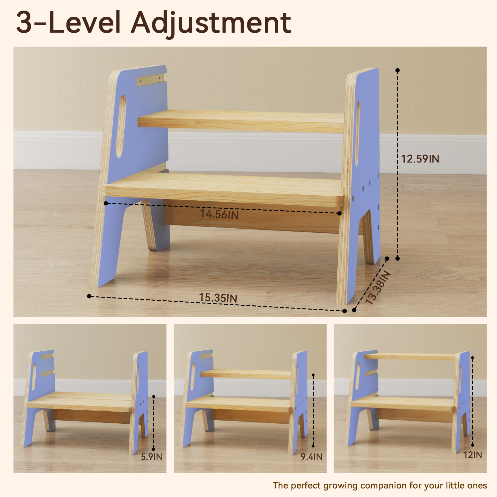 Sweet Time 2-Step Wooden Step Stool, Toddler Step Stools Kitchen Bathroom Portable Pine Wood Anti-slip Foot Stool Adults Kids