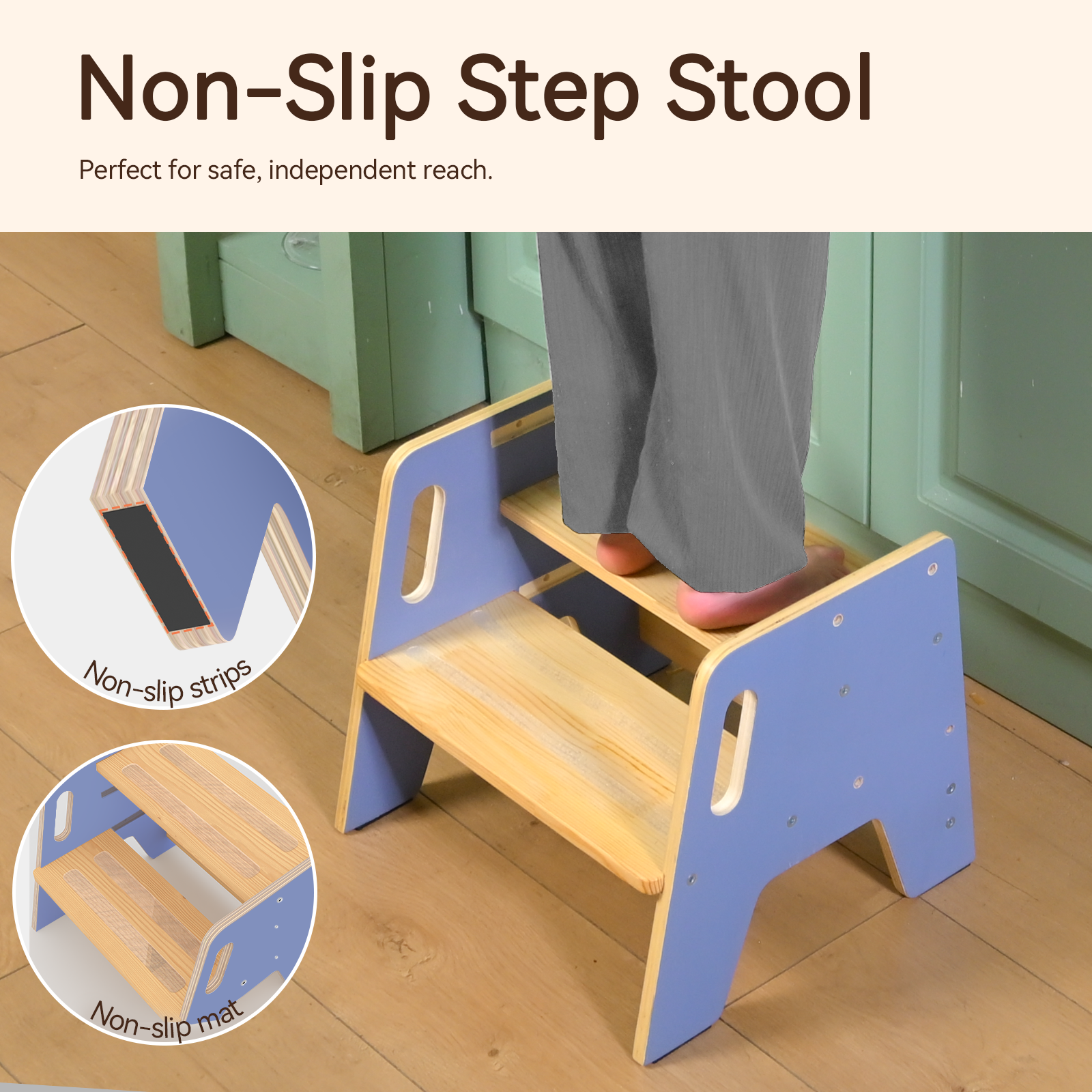 Sweet Time 2-Step Wooden Step Stool, Toddler Step Stools Kitchen Bathroom Portable Pine Wood Anti-slip Foot Stool Adults Kids