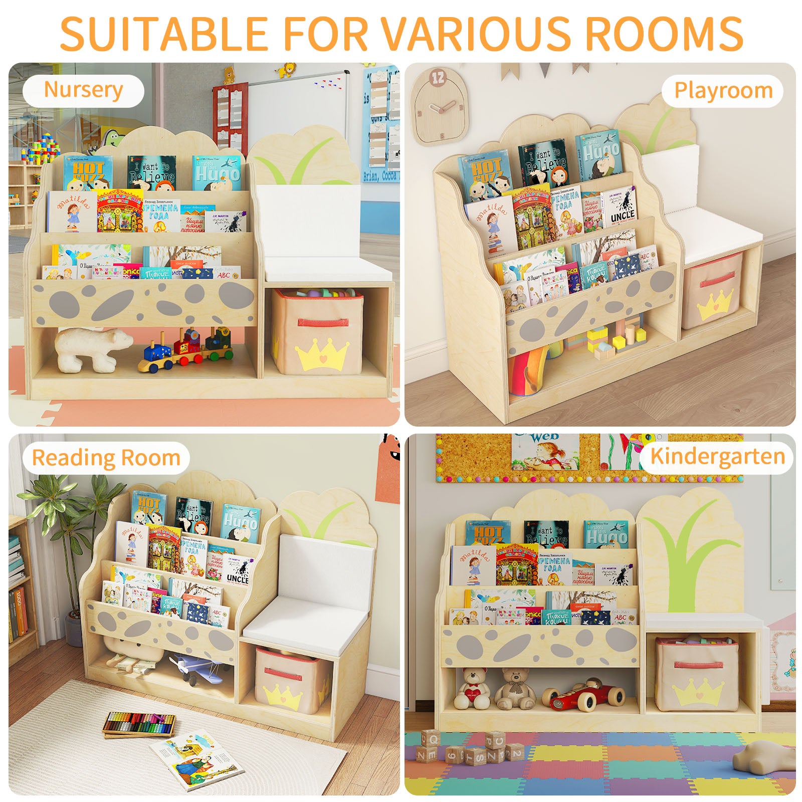 WINGYZ 4-in-1 Kids Bookcase with Cushioned Bench