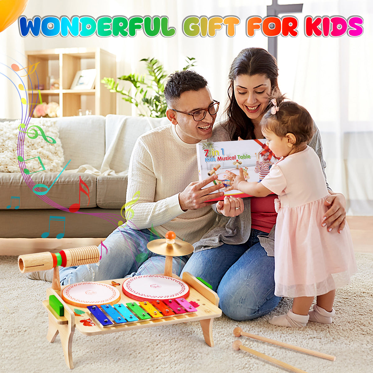 WINGYZ Kids Drum Set, 7-in-1 Wooden Music Instruments for Toddlers FSC Safe Montessori Toys, Low-Noise Musical Toys with Drums, Xylophone for Rhythm, Build Hand-Eye Coordination Gifts for Boys Girls