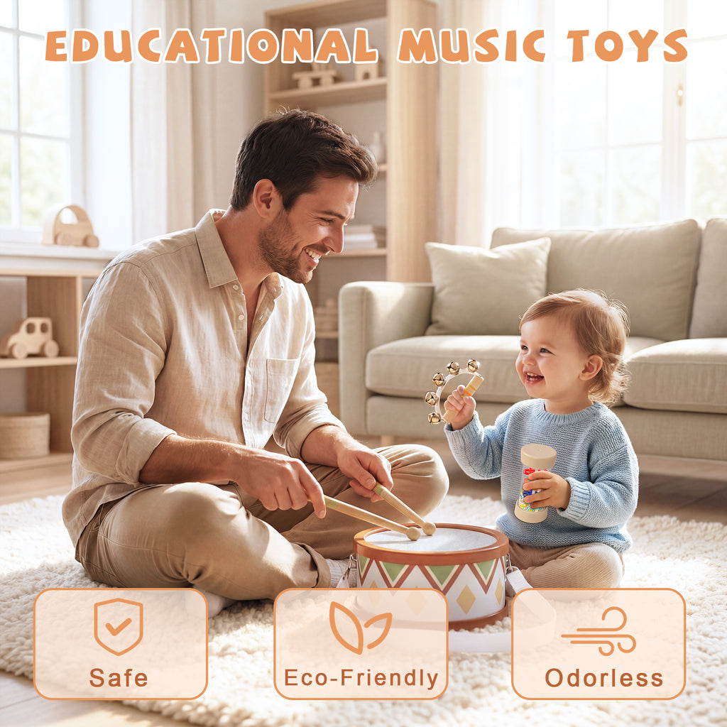 OATHX Kids Drum Set Tambourine Maracas Toy Drum Baby Music Kit Wood Musical Instruments for Toddler