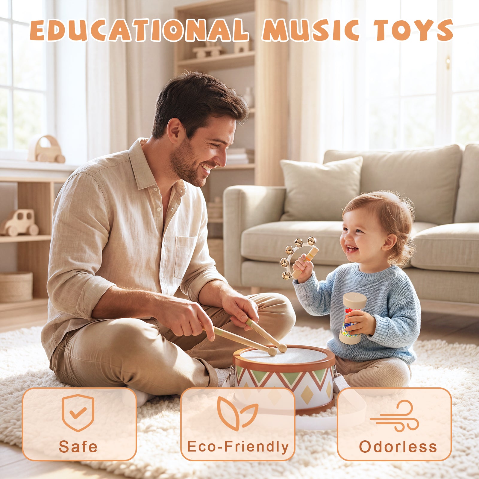 OATHX Kids Drum Set Tambourine Maracas Toy Drum Baby Music Kit Wood Musical Instruments for Toddler