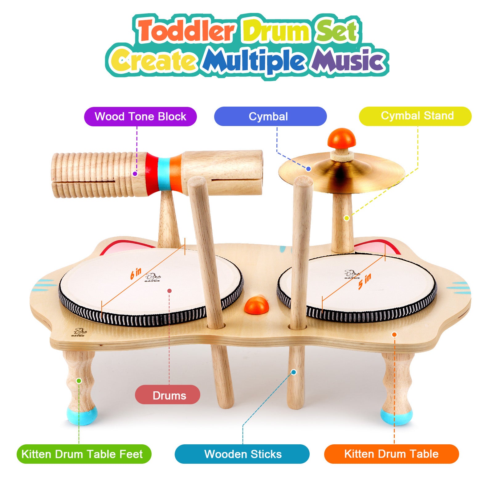 WINYGZ 6-in-1 Wooden Kids Drum Set