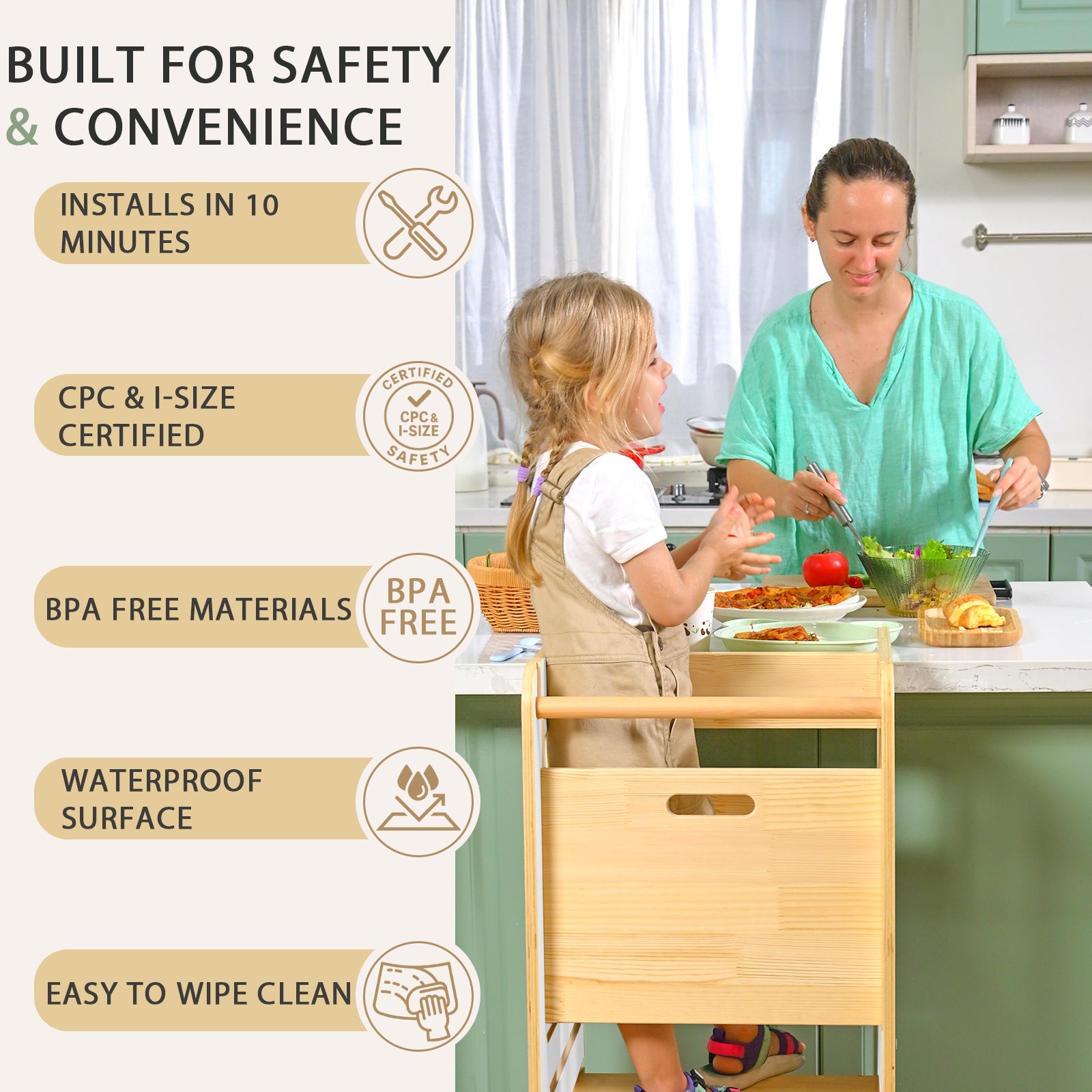 Sweet Time Toddler Standing Tower, Kids Kitchen Stool Helper 3 Levels Adjustable Height Wooden Toddler Step Stools for Learning New Skills