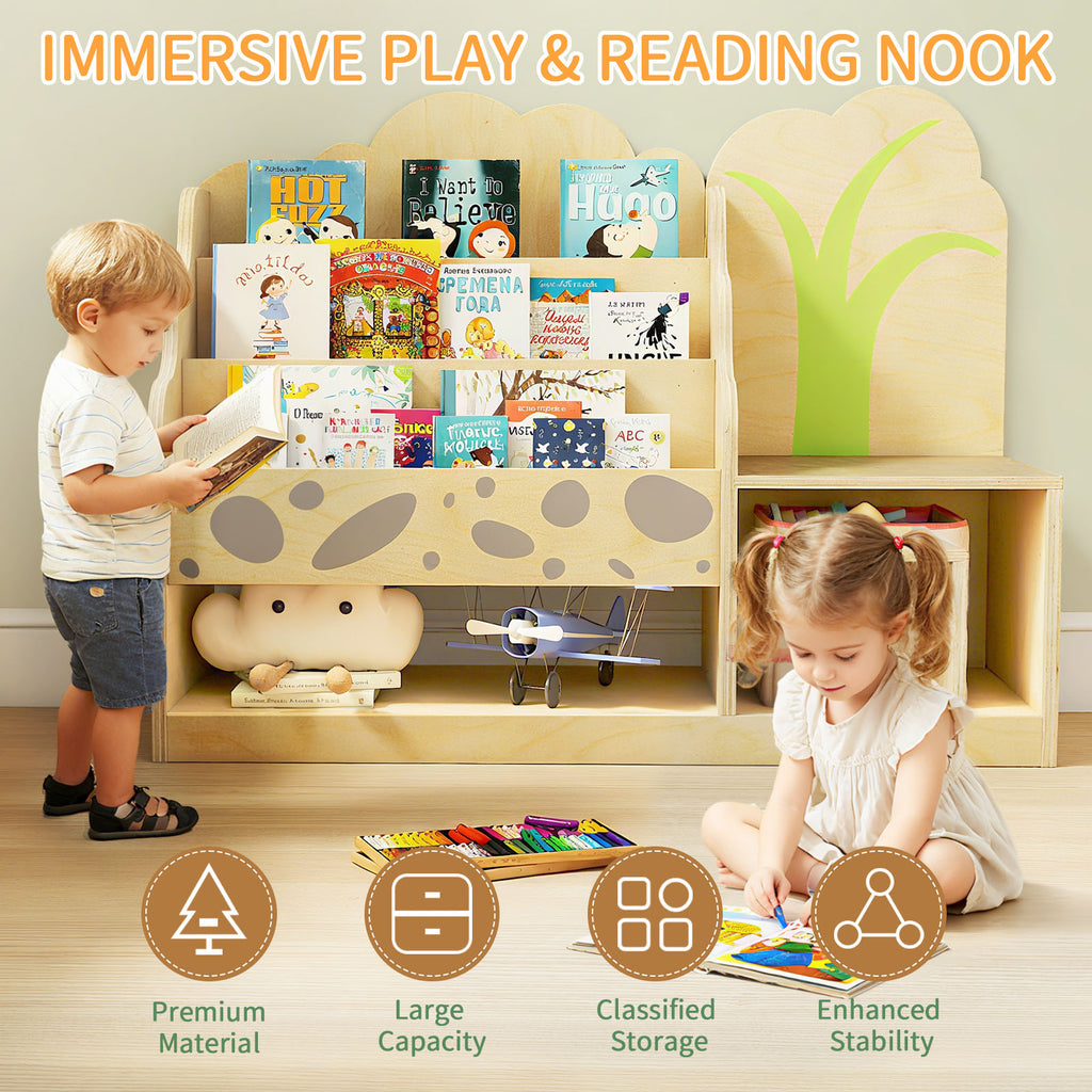 WINGYZ 4-in-1 Wooden 3-Tier Kids Bookshelf & Toy Storage with Reading Nook, Wide Cute Montessori Book Shelf for Kids Rooms Nursery Playroom Living Room Classroom Preschool Gift