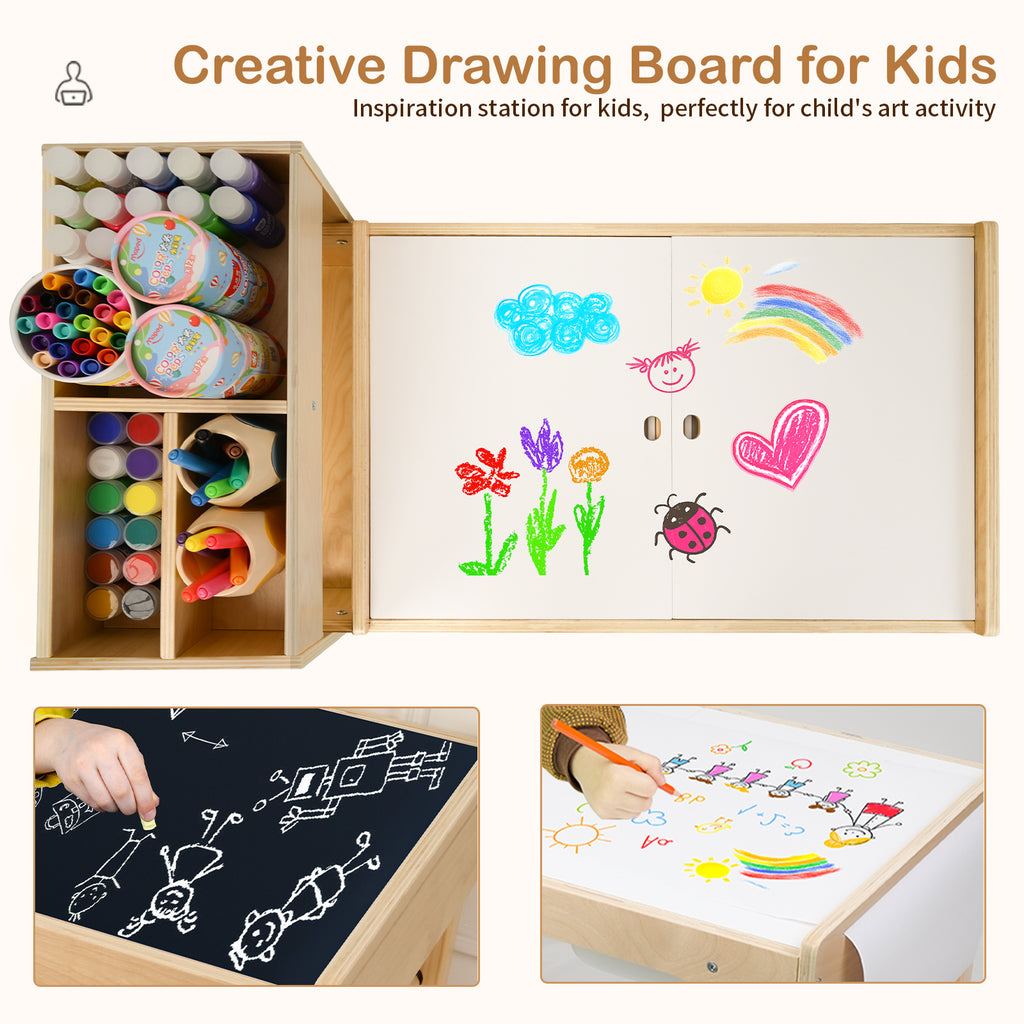 Toddler Sensory Table with Storage Shelves, Adjustable Height Kids Art Table with Chairs and Storage Bins, Wooden Activity Desk with Paper Roll Perfect for Children 1-6 Years