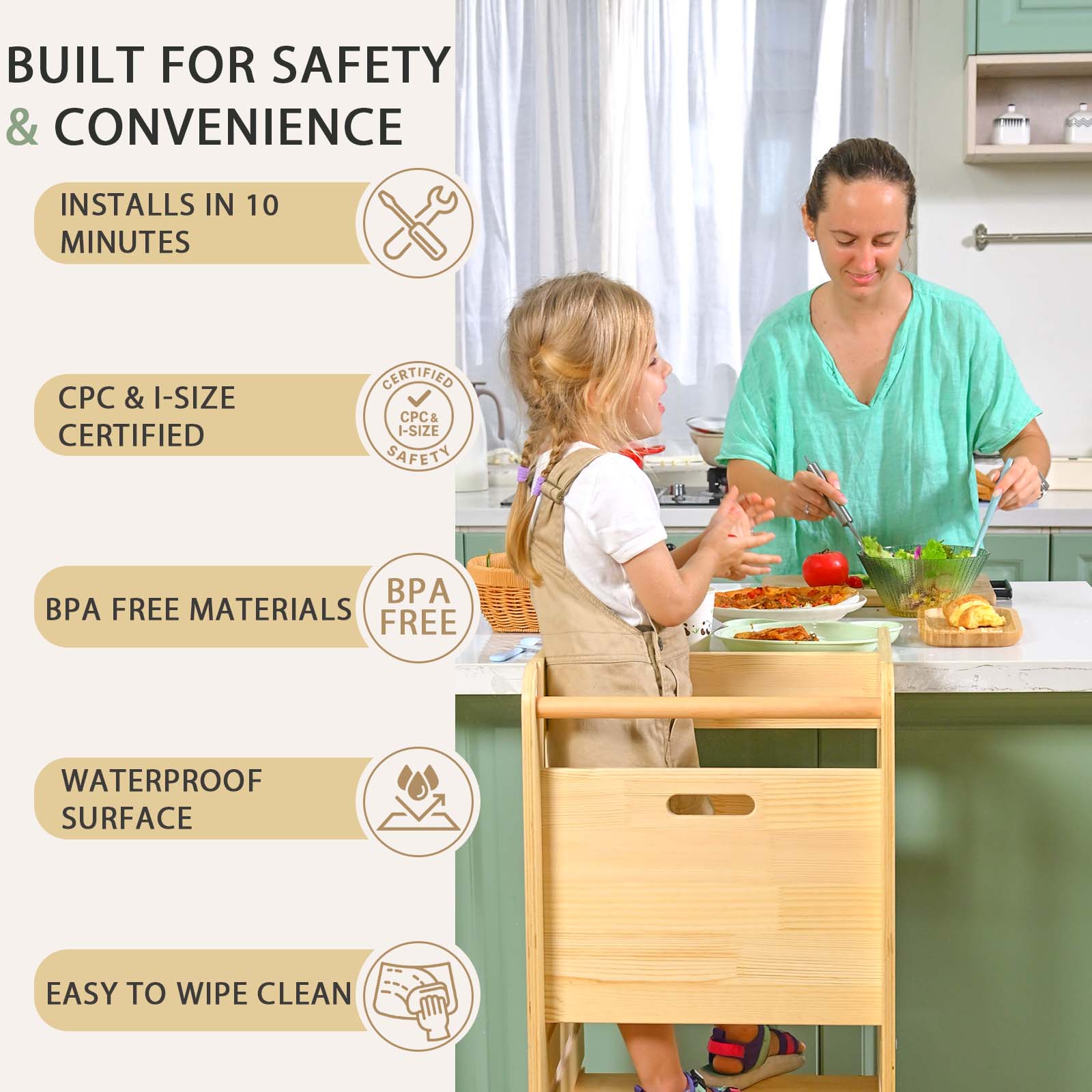Sweet Time Toddler Standing Tower, Kids Kitchen Stool Helper 3 Levels Adjustable Height Wooden Toddler Step Stools for Learning New Skills