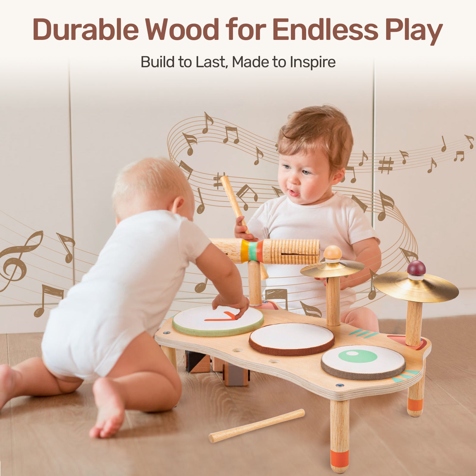 OATHX Kids Drum Set Montessori Musical Instruments Wooden Music Toys for Baby, Toddler Sensory Preschool Drum Kit, Birthday Gifts for Boys Girls