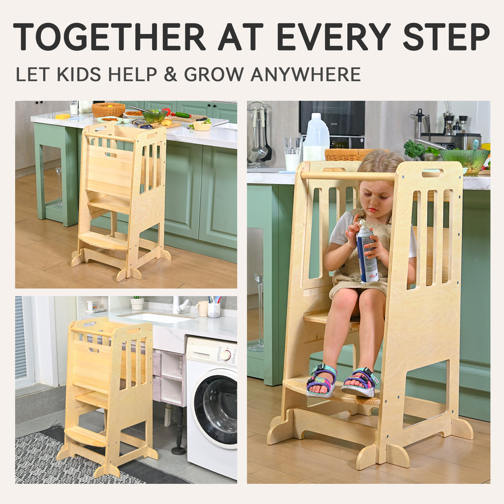 Sweet Time Toddler Standing Tower, Kids Kitchen Stool Helper 3 Levels Adjustable Height Wooden Toddler Step Stools for Learning New Skills