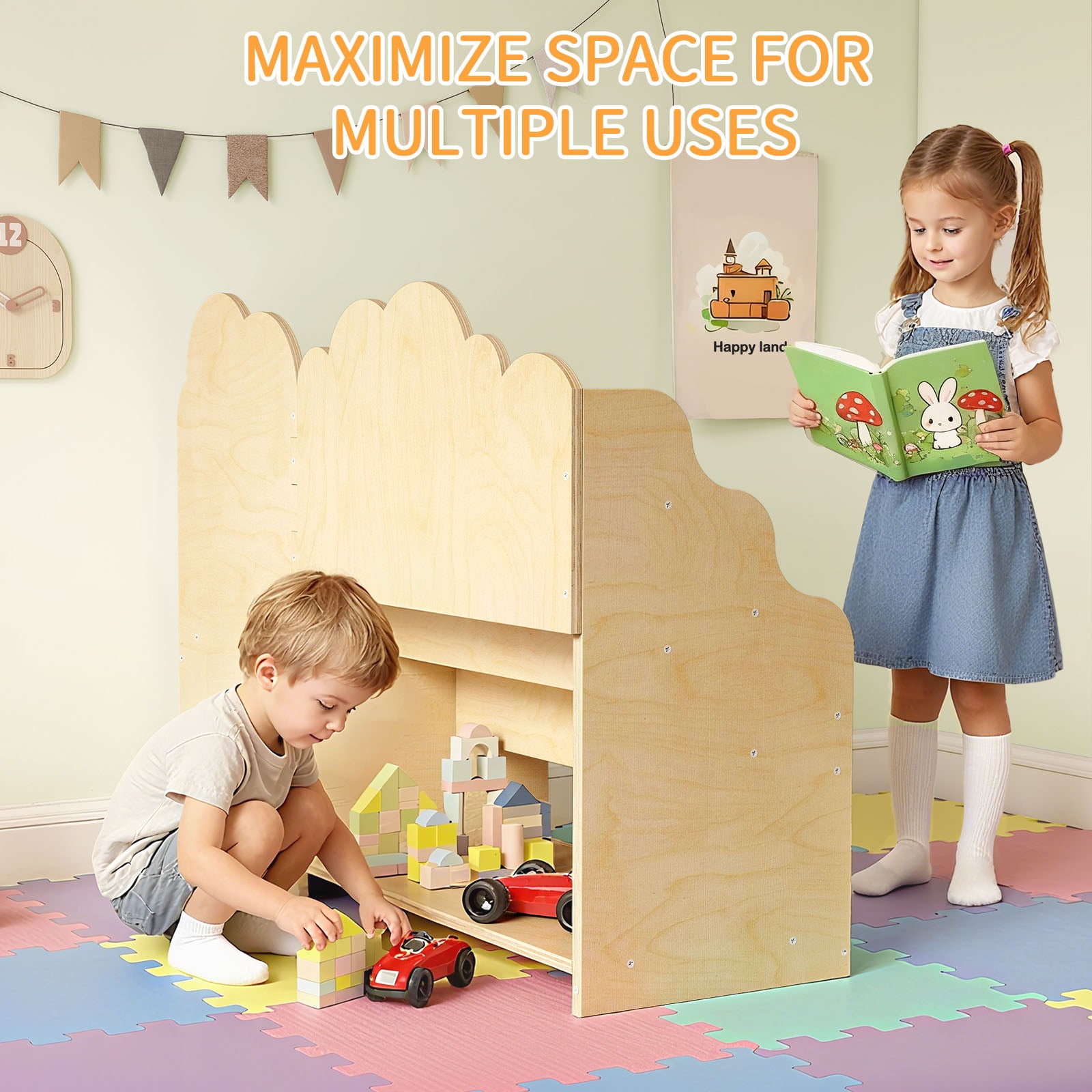 WINGYZ 4-in-1 Wooden 3-Tier Kids Bookshelf & Toy Storage with Reading Nook, Wide Cute Montessori Book Shelf for Kids Rooms Nursery Playroom Living Room Classroom Preschool Gift