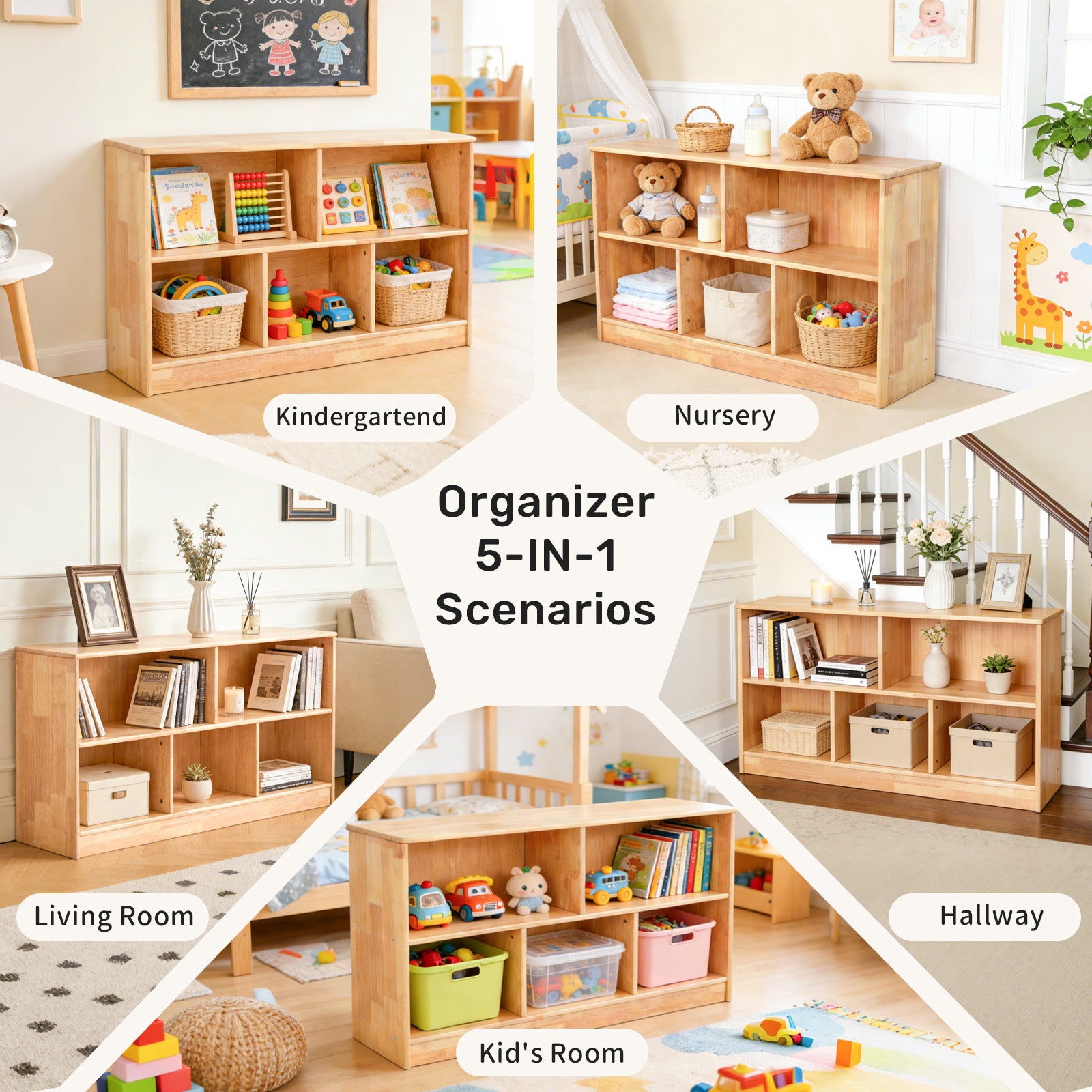 WINGYZ 5-Section Rubber Wood Bookshelf - 43.3" L