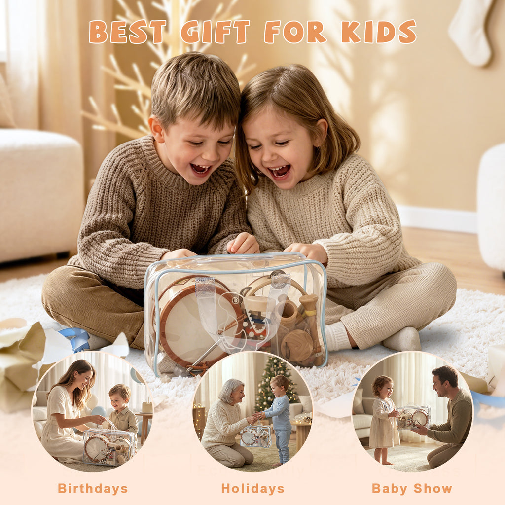 OATHX Kids Drum Set Tambourine Maracas Toy Drum Baby Music Kit Wood Musical Instruments for Toddler
