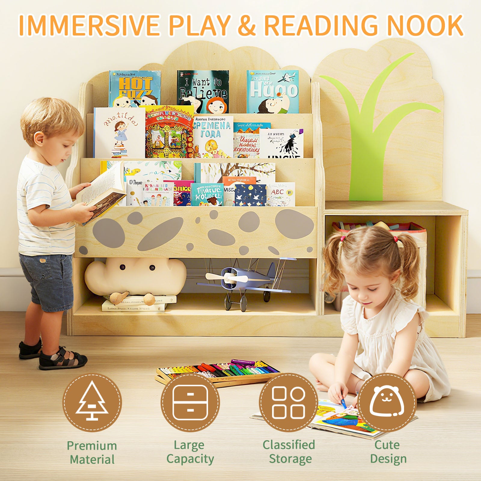 WINGYZ 4-in-1 Kids Bookcase with Cushioned Bench