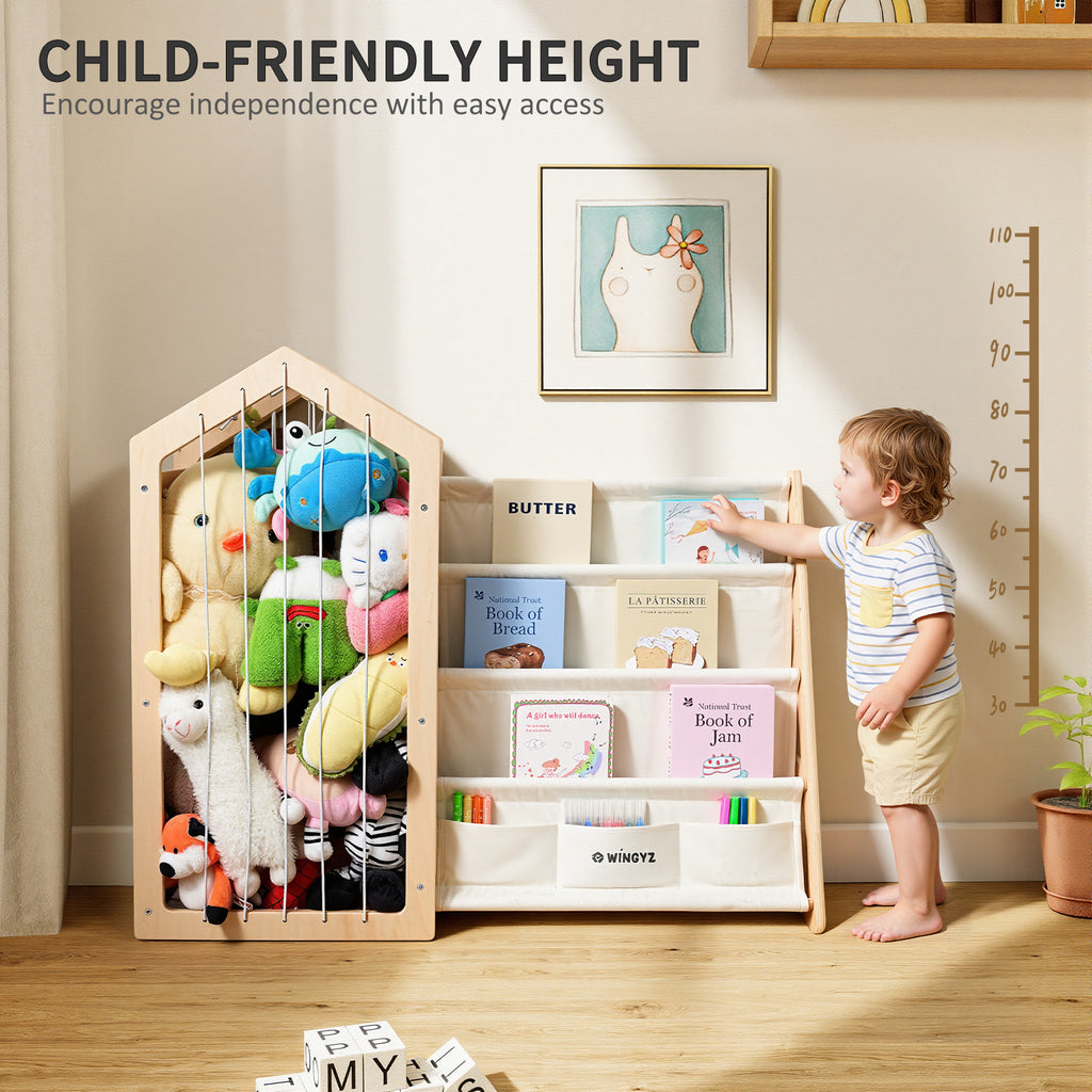wingyz Toy Storage Organizer and Kids Bookshelf, Baby Bookcase with 4-Tier Fabric Sling & Stuffed Animal Storage, Wooden Montessori Book Shelf for Kids Room, Classroom, Playroom & Nursery