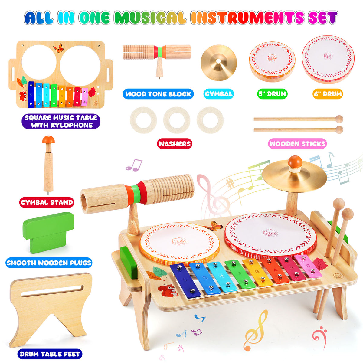 WINGYZ Kids Drum Set, 7-in-1 Wooden Music Instruments for Toddlers FSC Safe Montessori Toys, Low-Noise Musical Toys with Drums, Xylophone for Rhythm, Build Hand-Eye Coordination Gifts for Boys Girls
