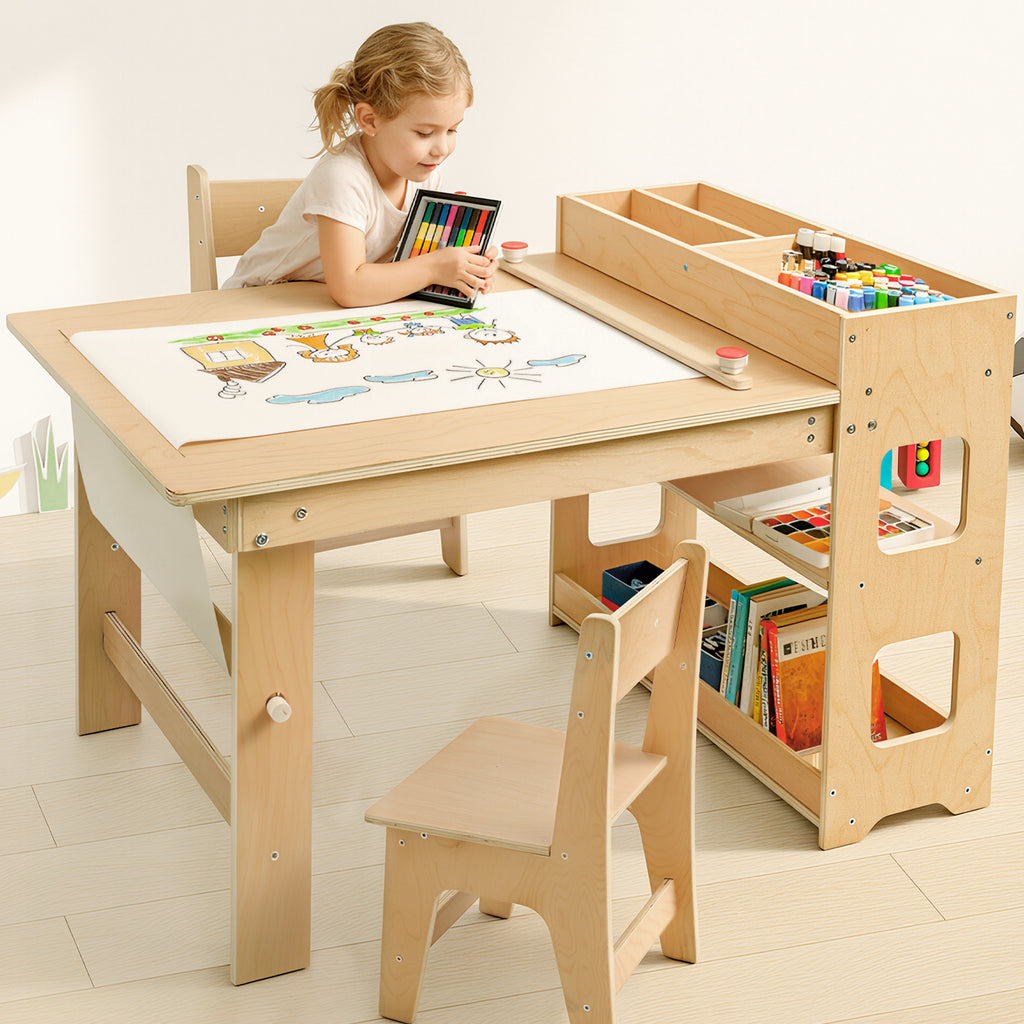 Kids Art Table with 2 Chairs,Children Activity Table with Storage Shelves,Wooden Desk with Paper Roll for Drawing Playrooms Daycare Classroom