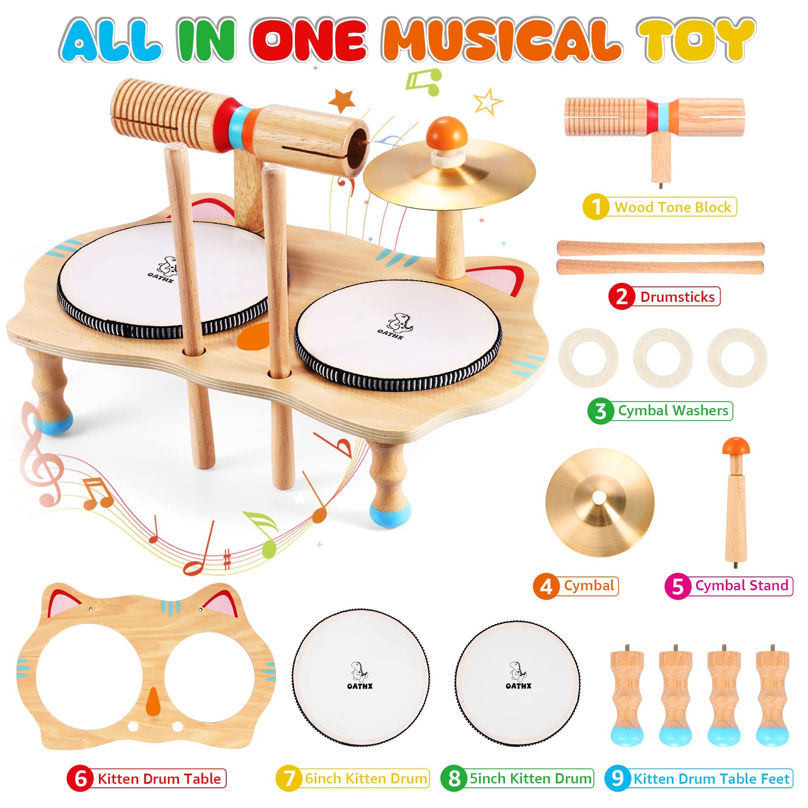 OATHX Toddler Drum Set Educational Toys Kids Wood Musical Instruments Baby Montessori Learn Music Birthday Gift