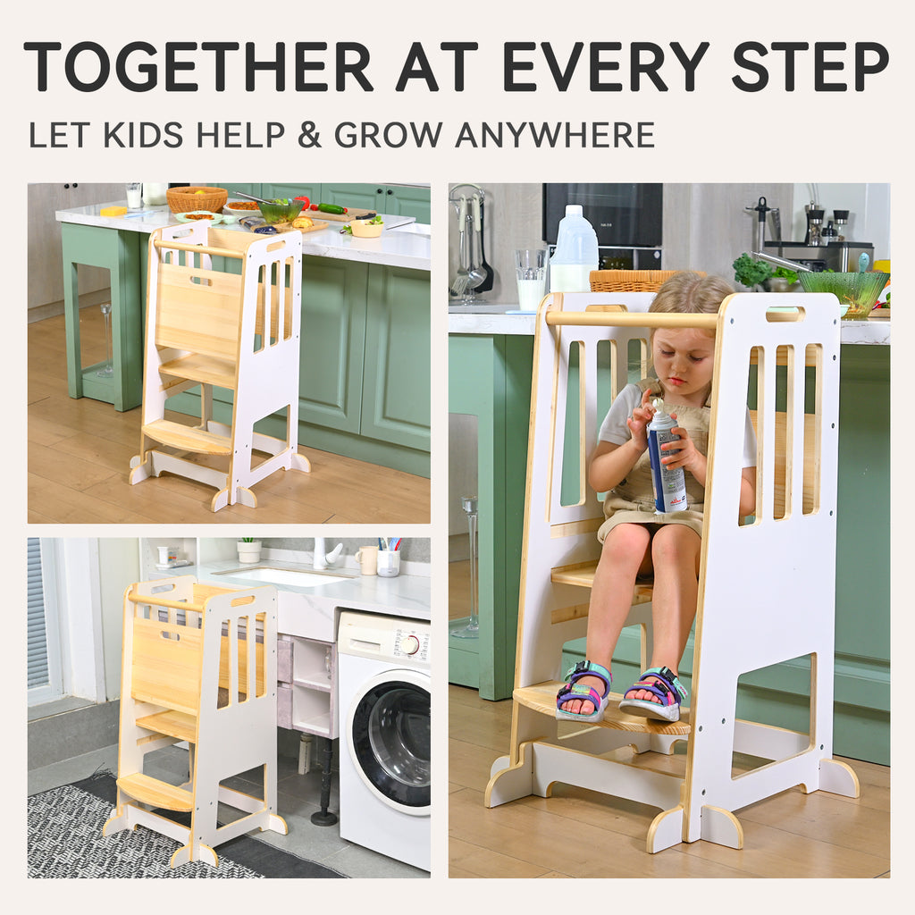 Sweet Time Toddler Standing Tower, Kids Kitchen Stool Helper 3 Levels Adjustable Height Wooden Toddler Step Stools for Learning New Skills
