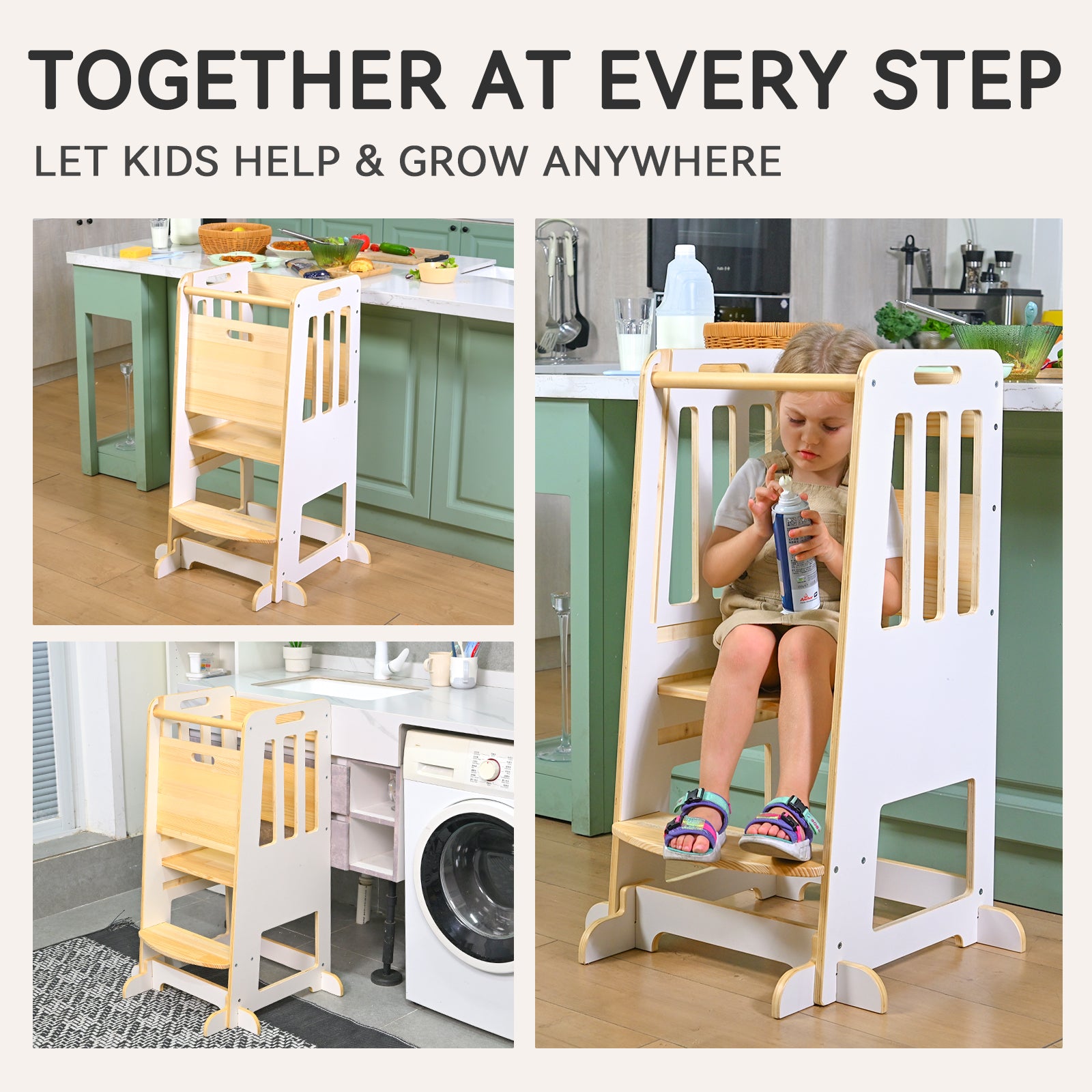 Sweet Time Toddler Standing Tower, Kids Kitchen Stool Helper 3 Levels Adjustable Height Wooden Toddler Step Stools for Learning New Skills