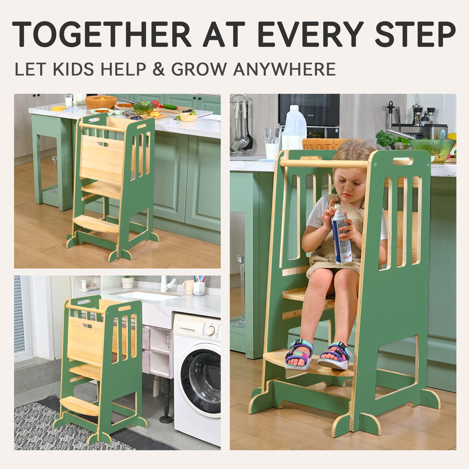 Sweet Time Toddler Standing Tower, Kids Kitchen Stool Helper 3 Levels Adjustable Height Wooden Toddler Step Stools for Learning New Skills