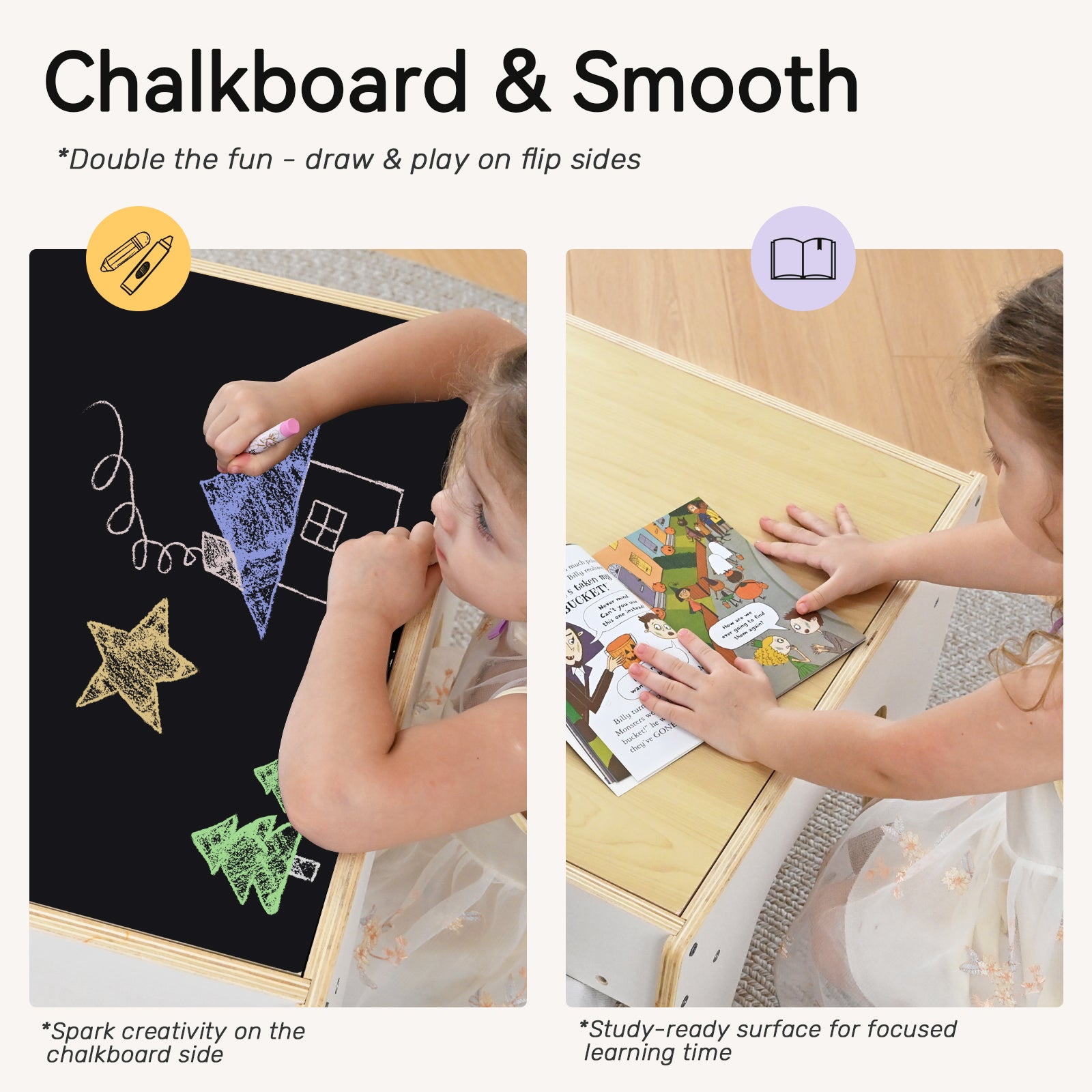 Sweet Time Kids Table and Chair Set, Reversible Wooden Activity Table with Board and Building Bricks Tabletop, 3 in 1 Wooden Toddlers Tables for Arts, Crafts