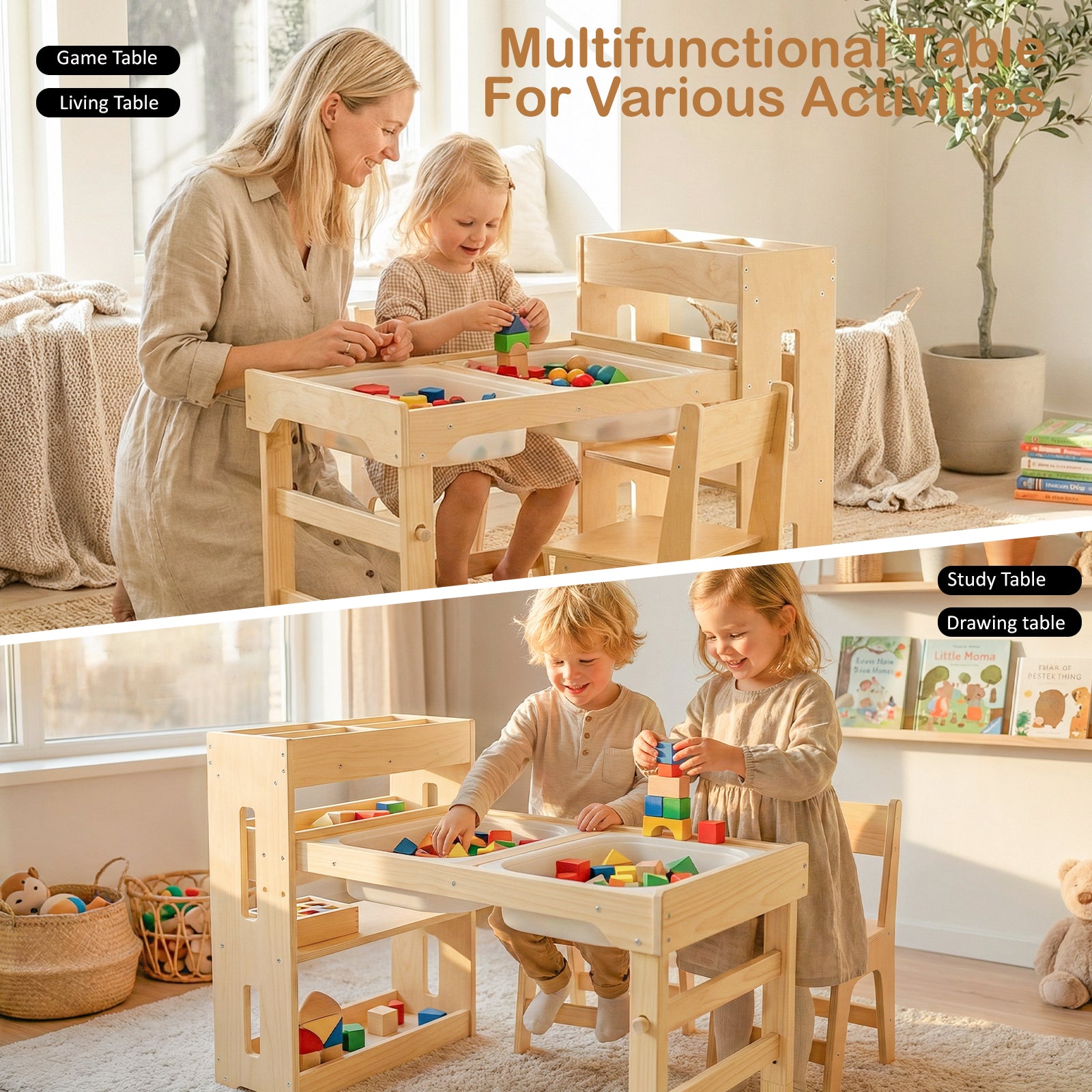 Toddler Sensory Table with Storage Shelves, Adjustable Height Kids Art Table with Chairs and Storage Bins, Wooden Activity Desk with Paper Roll Perfect for Children 1-6 Years
