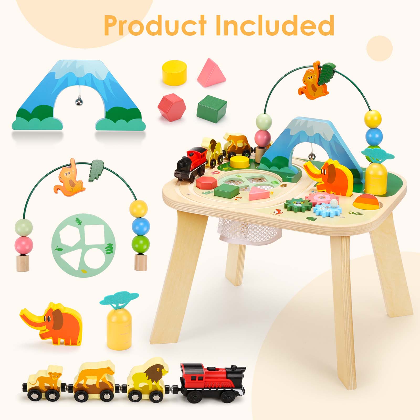 OATHX Toddler Activity Table Train Track Toy Bead Maze Wooden Montessori Learn Toys Kids Sensory Table for 1 Year