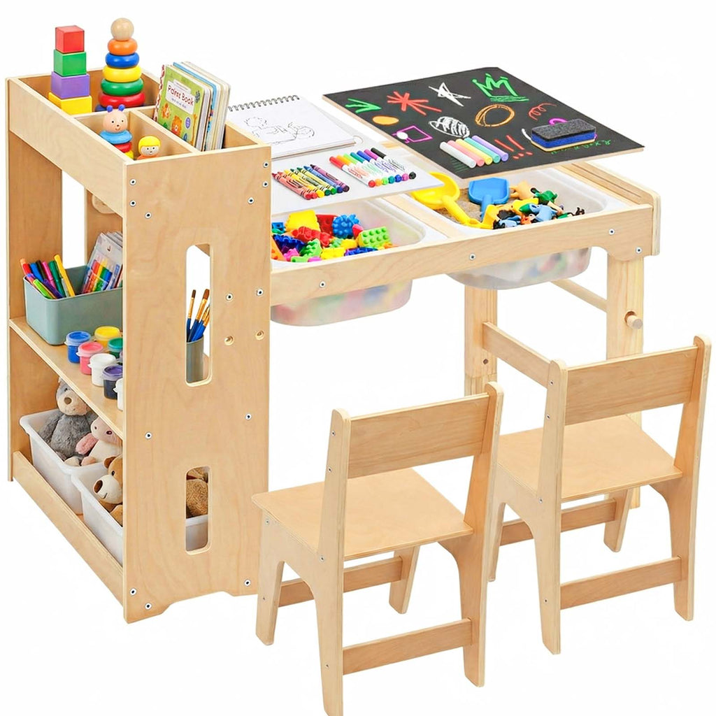 Toddler Sensory Table with Storage Shelves, Adjustable Height Kids Art Table with Chairs and Storage Bins, Wooden Activity Desk with Paper Roll Perfect for Children 1-6 Years