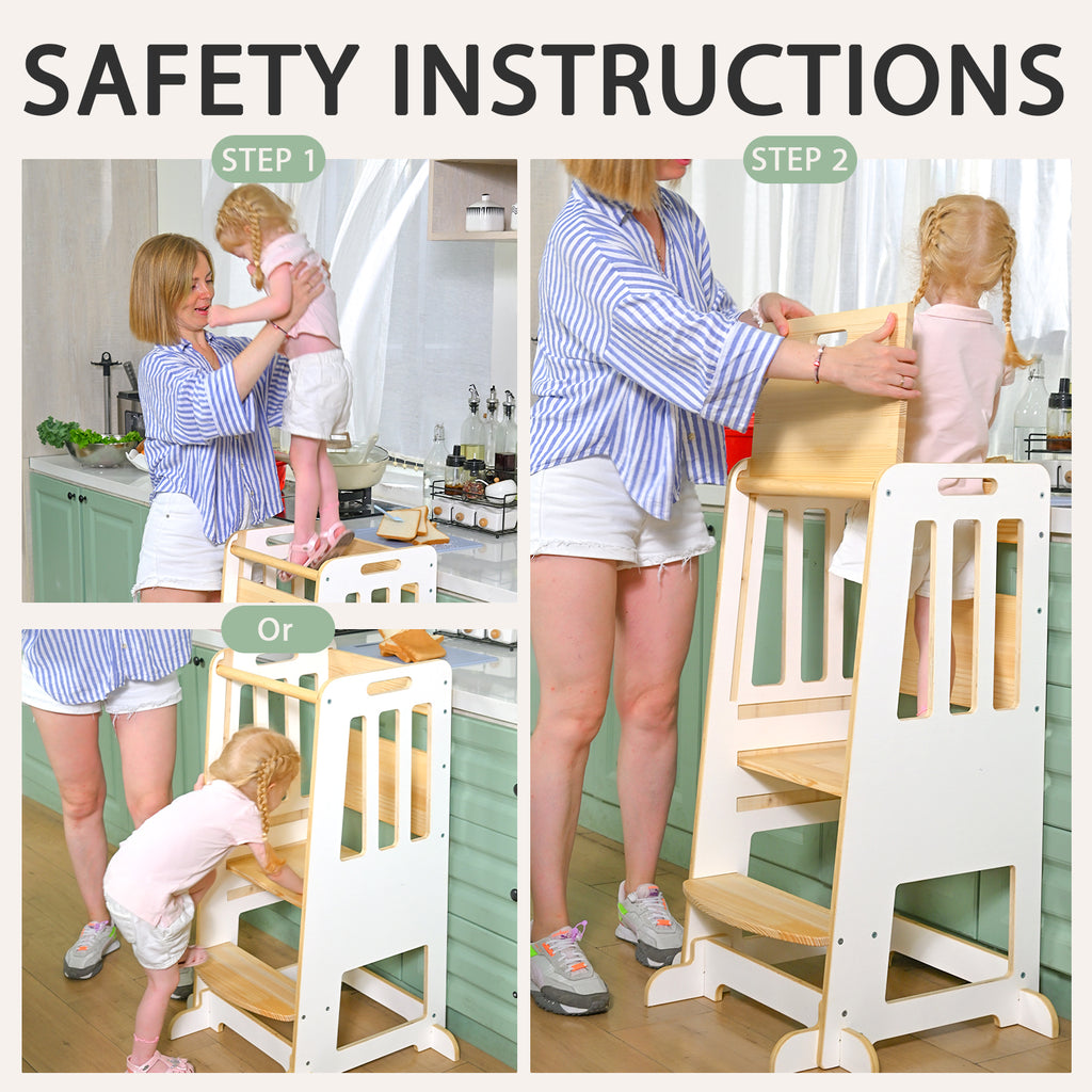 Sweet Time Toddler Standing Tower, Kids Kitchen Stool Helper 3 Levels Adjustable Height Wooden Toddler Step Stools for Learning New Skills