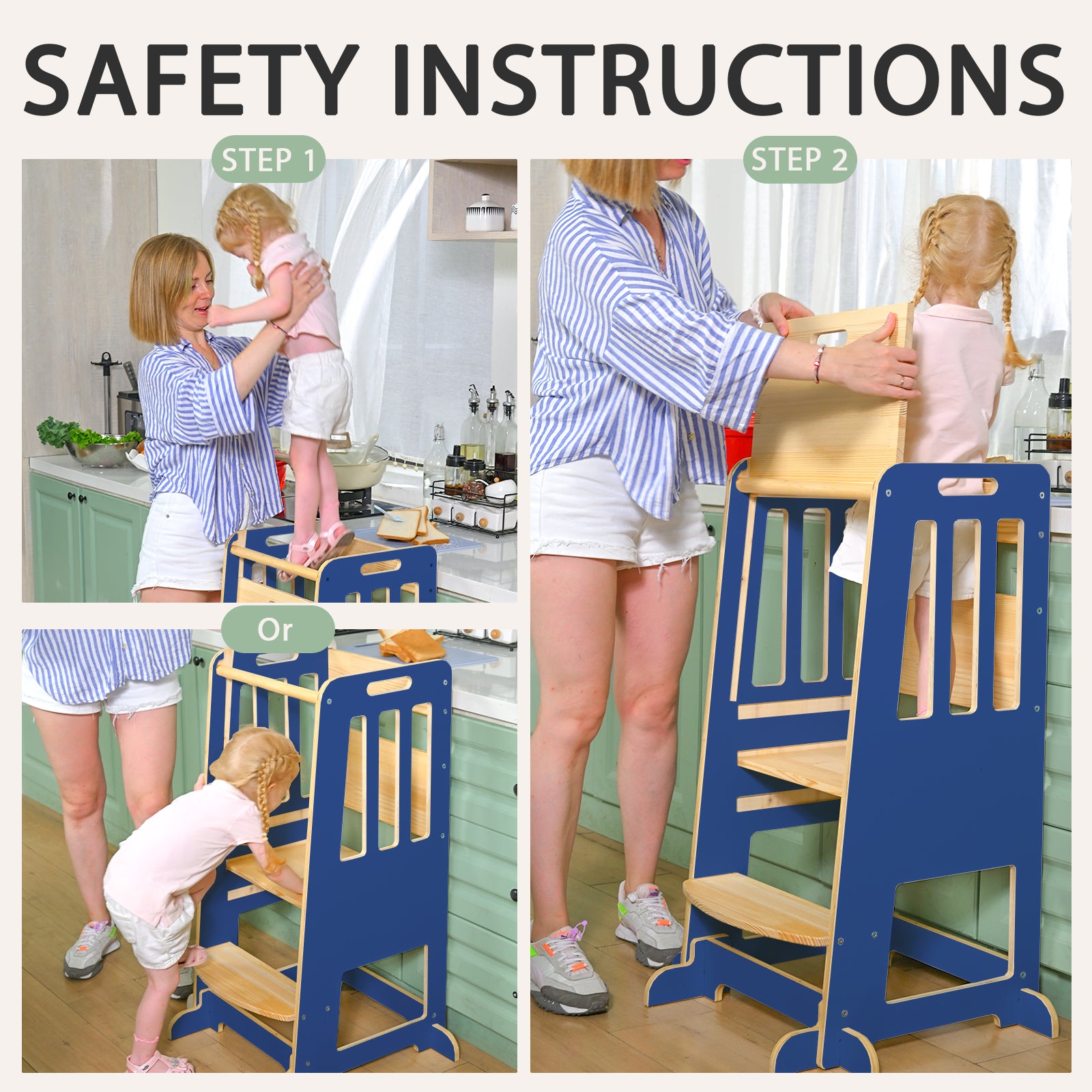 Sweet Time Toddler Standing Tower, Kids Kitchen Stool Helper 3 Levels Adjustable Height Wooden Toddler Step Stools for Learning New Skills