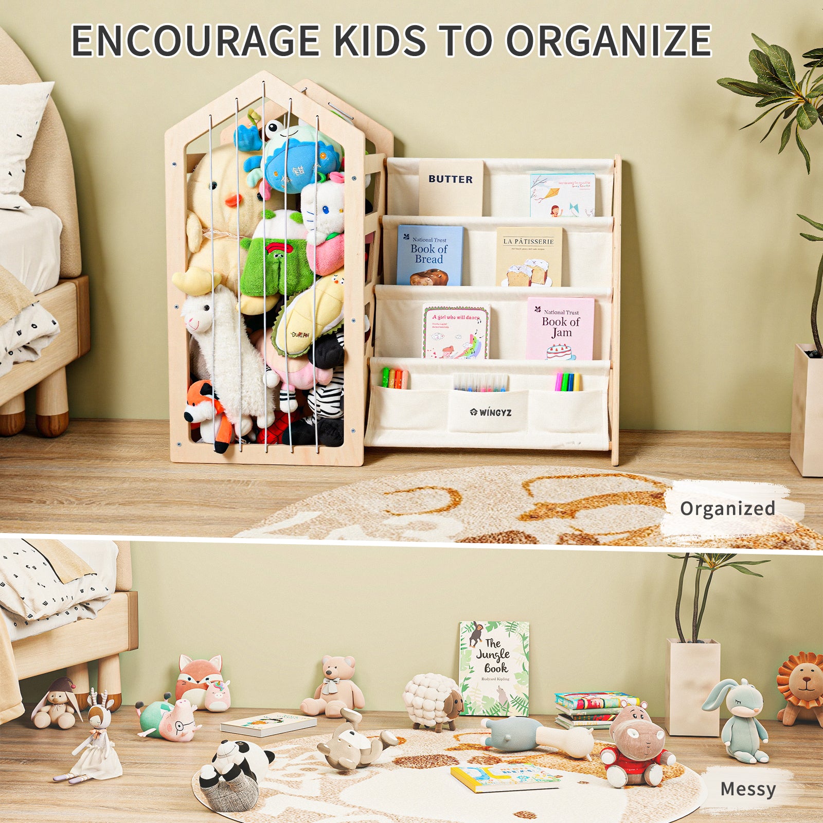 wingyz Toy Storage Organizer and Kids Bookshelf, Baby Bookcase with 4-Tier Fabric Sling & Stuffed Animal Storage, Wooden Montessori Book Shelf for Kids Room, Classroom, Playroom & Nursery
