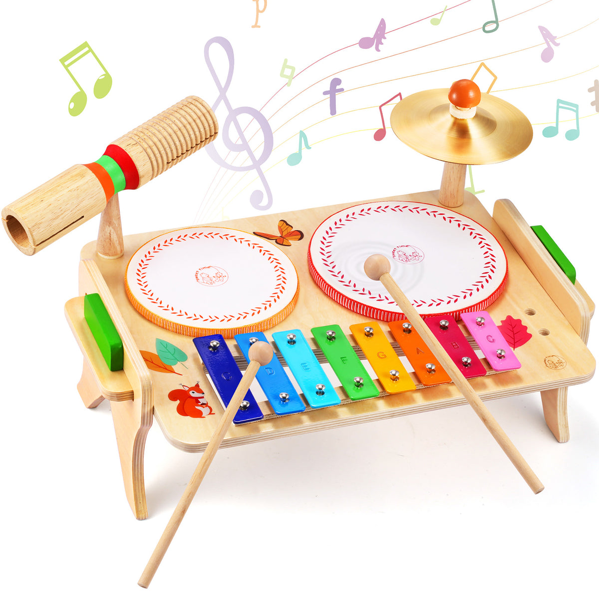 WINGYZ Kids Drum Set, 7-in-1 Wooden Music Instruments for Toddlers FSC Safe Montessori Toys, Low-Noise Musical Toys with Drums, Xylophone for Rhythm, Build Hand-Eye Coordination Gifts for Boys Girls