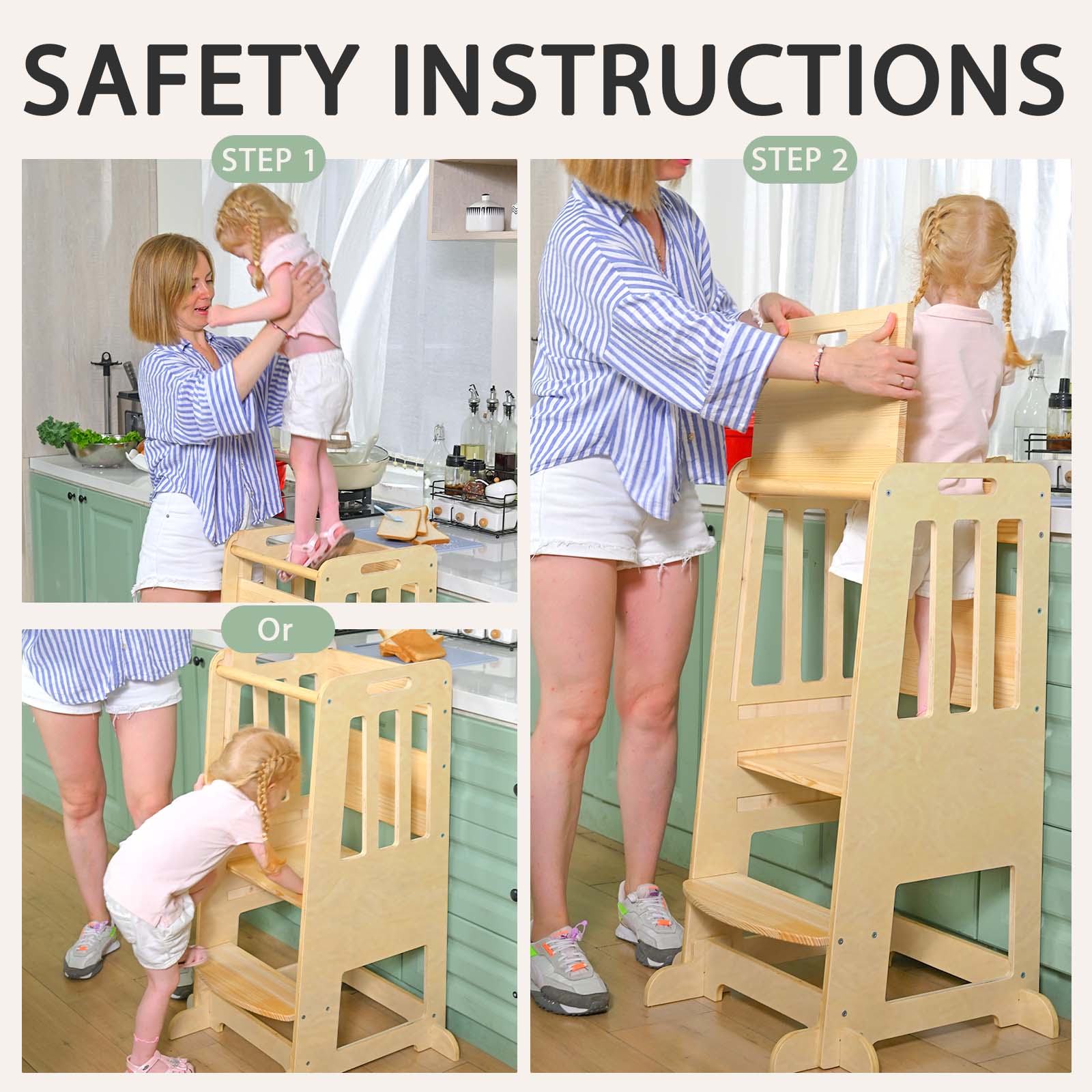 Sweet Time Toddler Standing Tower, Kids Kitchen Stool Helper 3 Levels Adjustable Height Wooden Toddler Step Stools for Learning New Skills