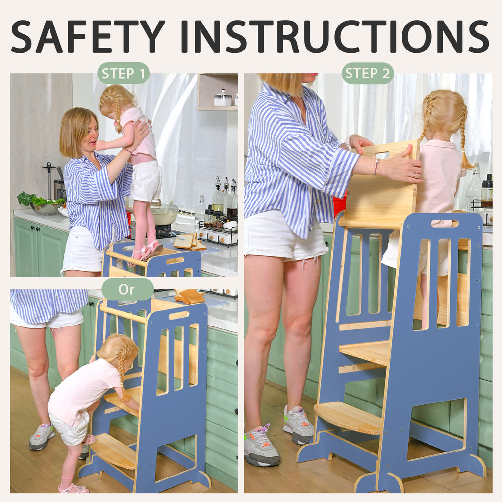 Sweet Time Toddler Standing Tower, Kids Kitchen Stool Helper 3 Levels Adjustable Height Wooden Toddler Step Stools for Learning New Skills