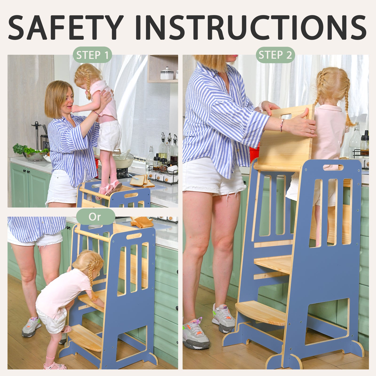 Sweet Time Toddler Standing Tower, Kids Kitchen Stool Helper 3 Levels Adjustable Height Wooden Toddler Step Stools for Learning New Skills