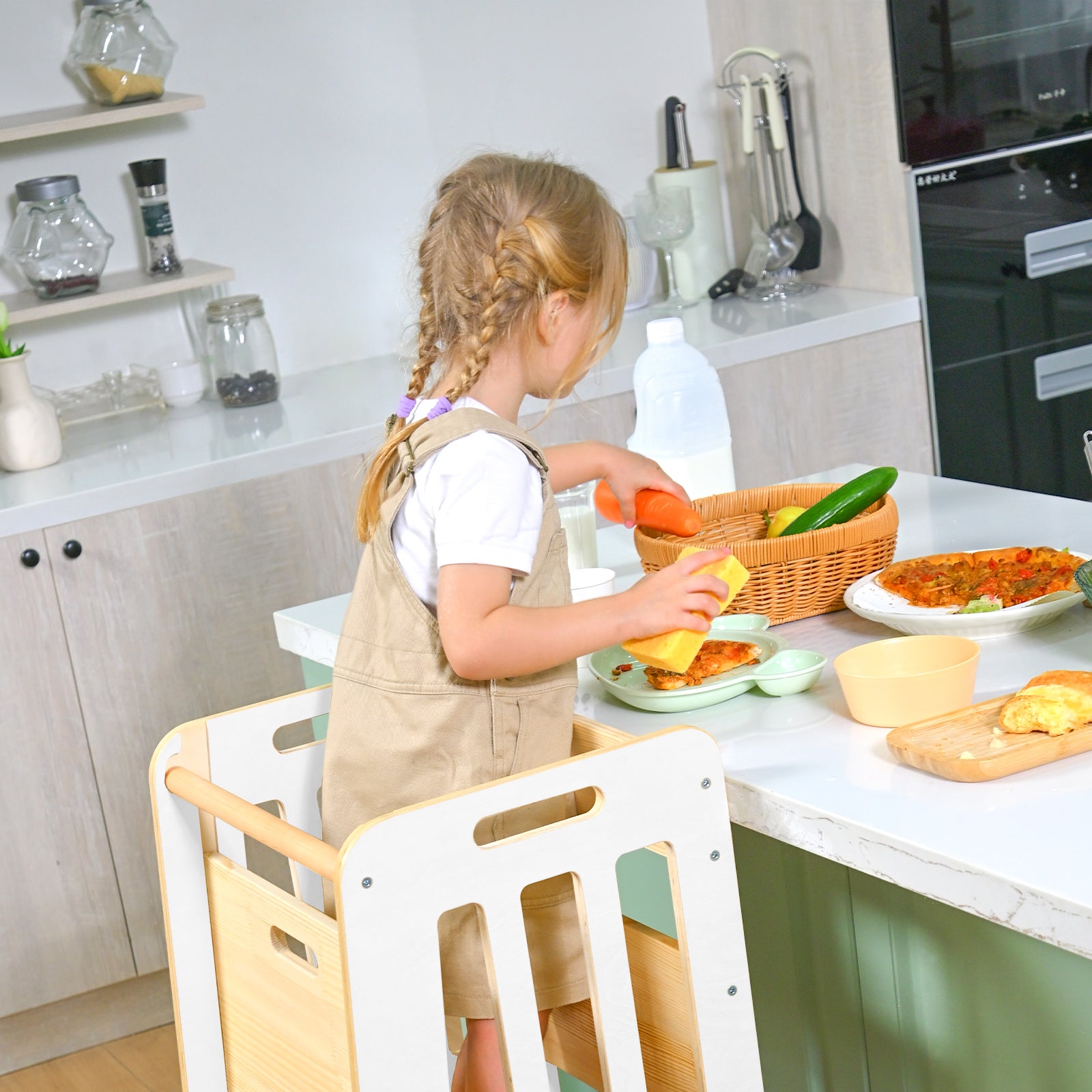 Sweet Time Toddler Standing Tower, Kids Kitchen Stool Helper 3 Levels Adjustable Height Wooden Toddler Step Stools for Learning New Skills