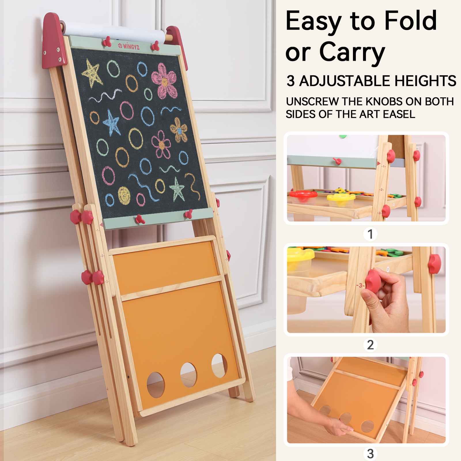 Sweet Time Kids Easel with Paper Roll, Adjustable Magnetic Whiteboard & Chalkboard Drawing Board, Wooden Children Art Stand for 3~12 Years