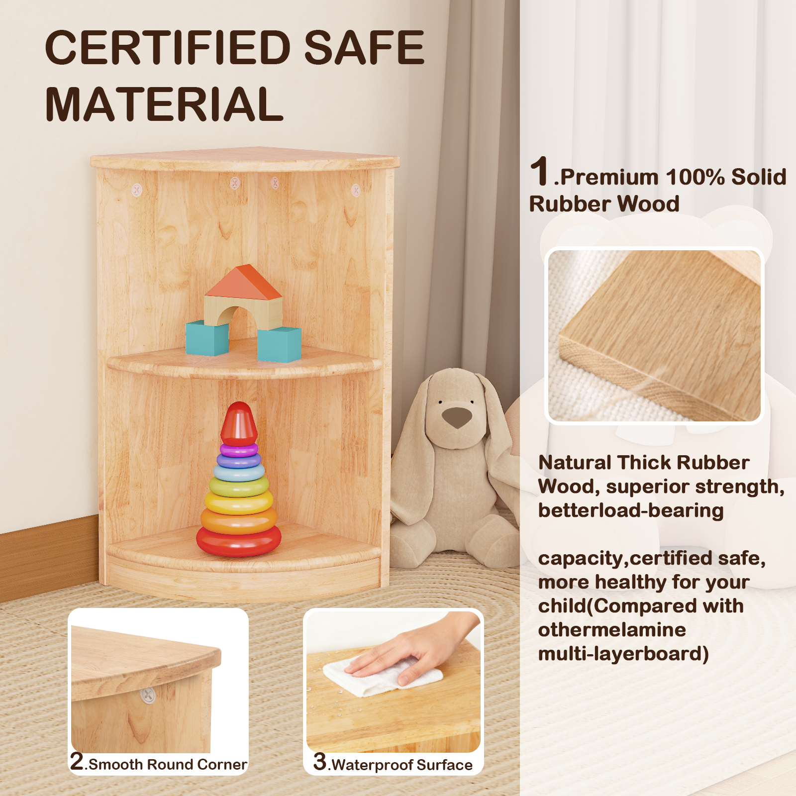 Sweet Time Rubber Wood Corner Cabinet, 2-Tier Toy Organizers and Storage, Triangular Montessori Shelf for Kids Room, Playroom, Nursery, Classroom, Kindergarten