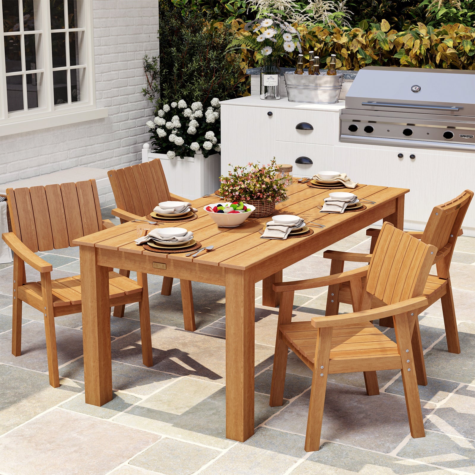Wingyz Dining Table Set for 4 with Chairs,5 Piece Outdoor Furniture for Weather Patio Lawn Garden Backyard,Wood Color