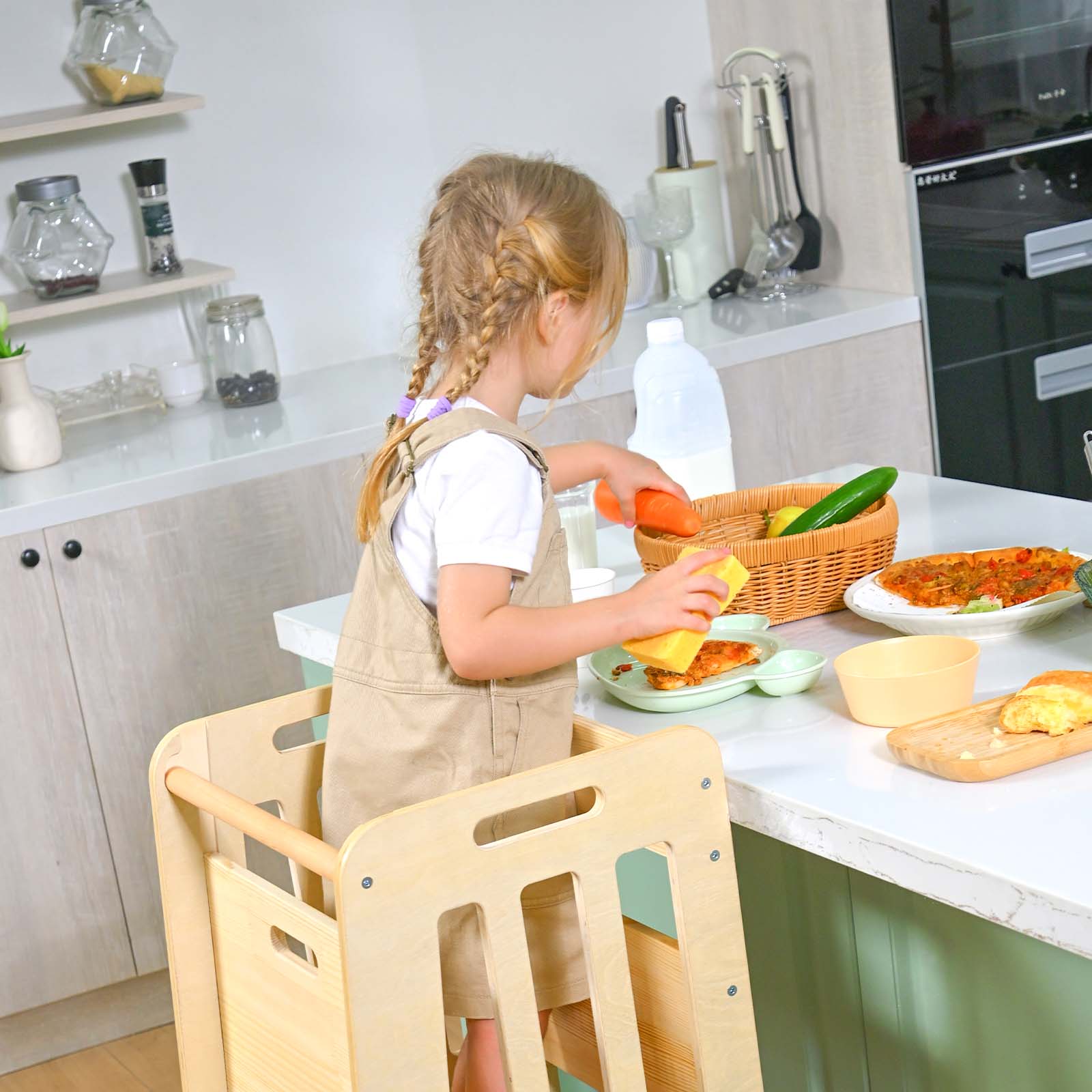 Sweet Time Toddler Standing Tower, Kids Kitchen Stool Helper 3 Levels Adjustable Height Wooden Toddler Step Stools for Learning New Skills
