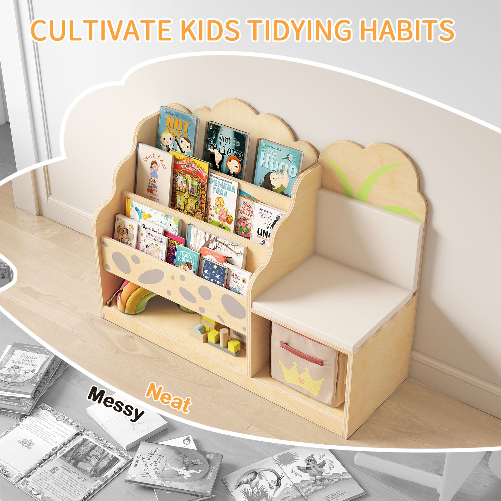 WINGYZ 4-in-1 Kids Bookcase with Cushioned Bench