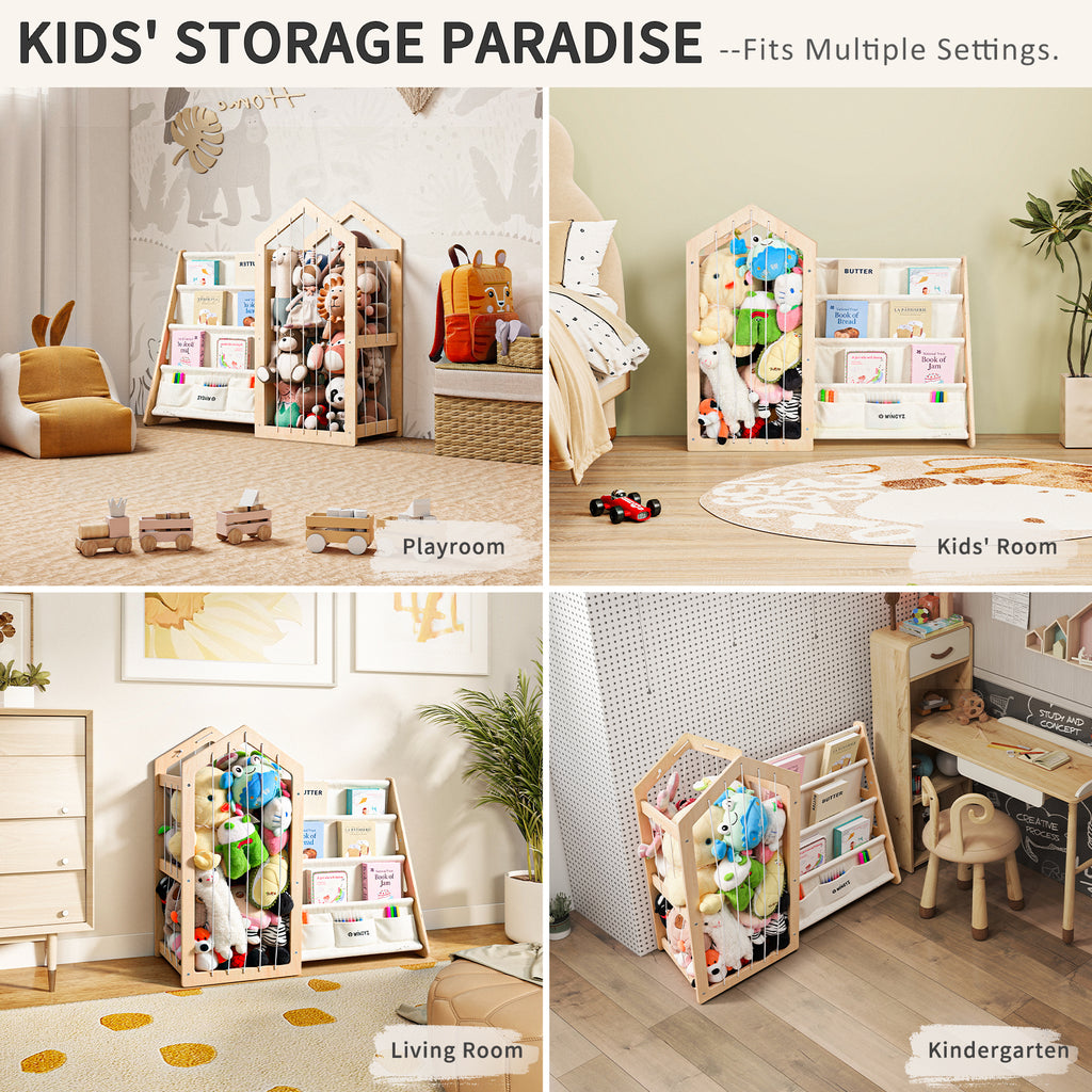 wingyz Toy Storage Organizer and Kids Bookshelf, Baby Bookcase with 4-Tier Fabric Sling & Stuffed Animal Storage, Wooden Montessori Book Shelf for Kids Room, Classroom, Playroom & Nursery