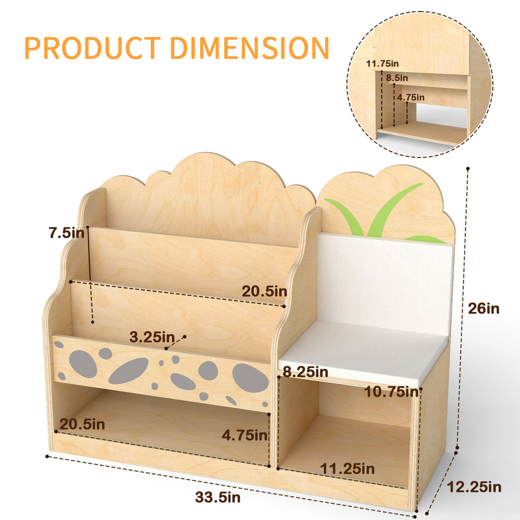 WINGYZ 4-in-1 Wooden 3-Tier Kids Bookshelf & Toy Storage with Reading Nook, Wide Cute Montessori Book Shelf for Kids Rooms Nursery Playroom Living Room Classroom Preschool Gift