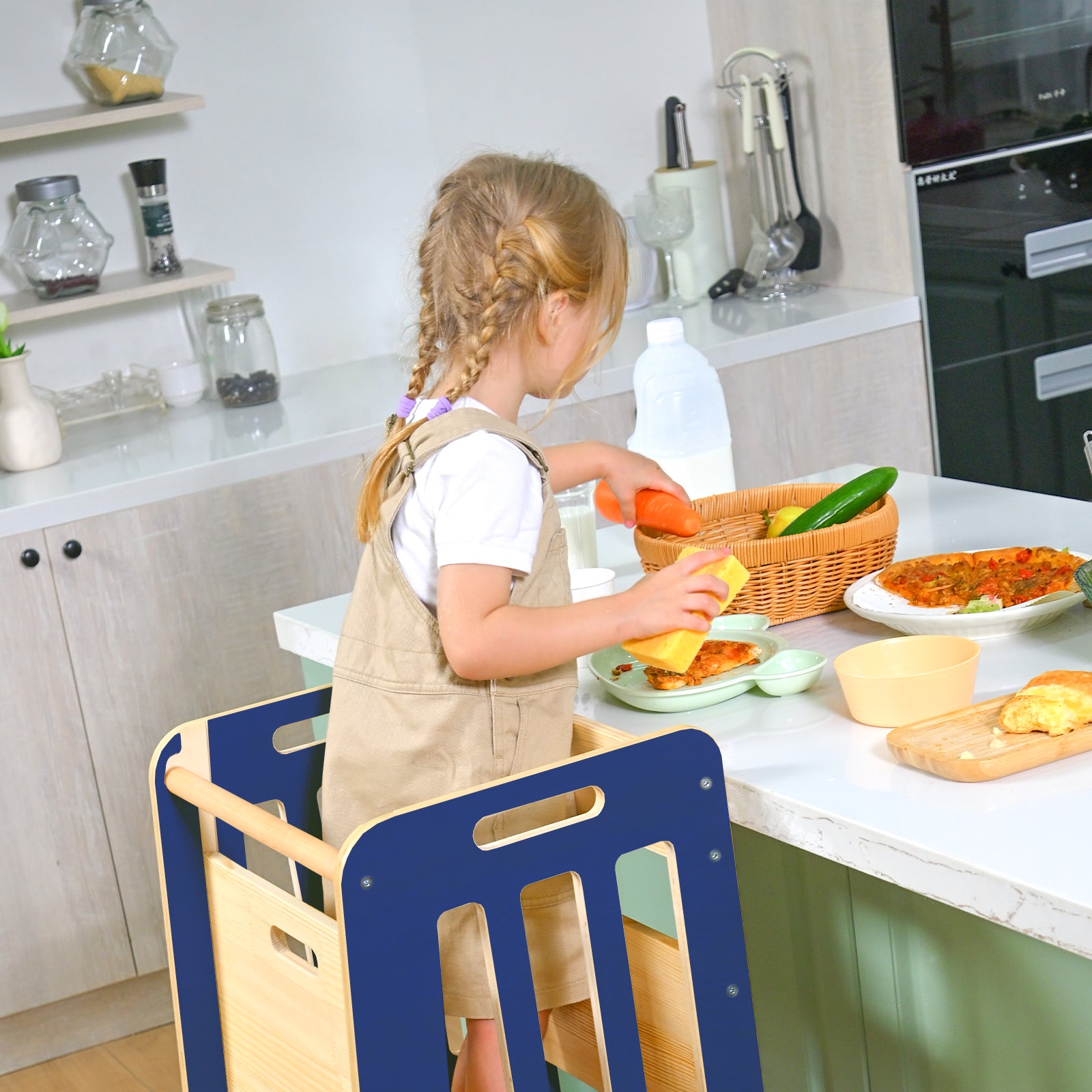 Sweet Time Toddler Standing Tower, Kids Kitchen Stool Helper 3 Levels Adjustable Height Wooden Toddler Step Stools for Learning New Skills